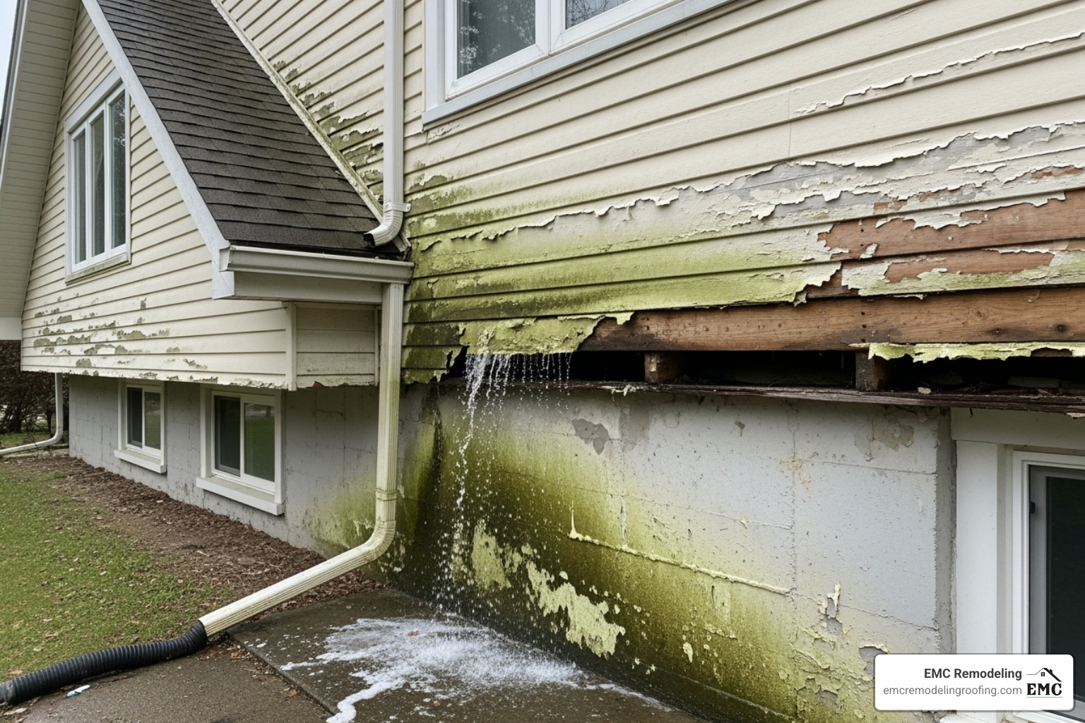 water damage, such as peeling paint and mildew, on the siding and foundation of a home without proper gutters - gutter installation cedar park tx