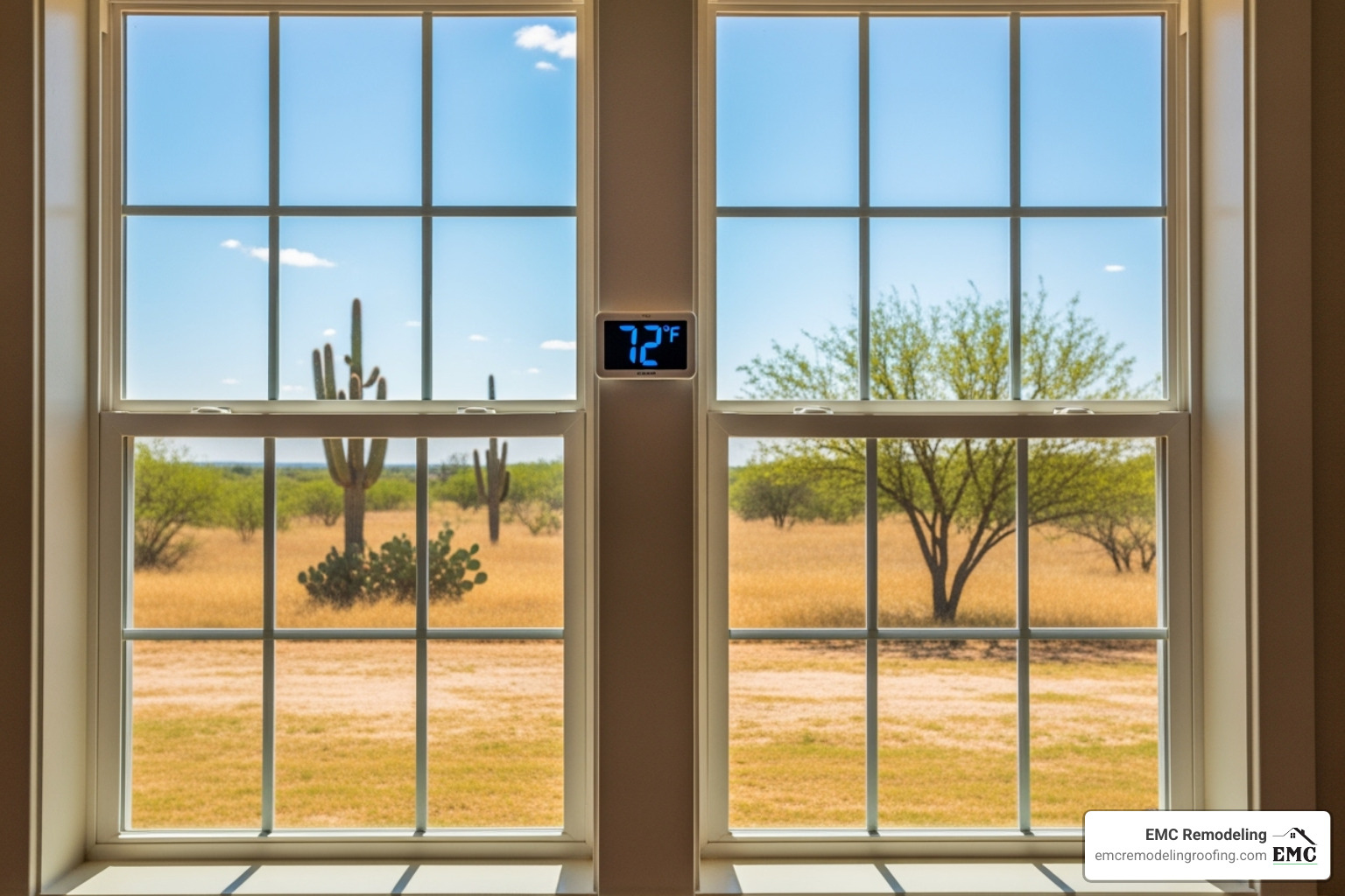 A thermometer showing a cool indoor temperature despite a hot outdoor temperature, with a double-hung window in the background - double hung replacement windows cedar park