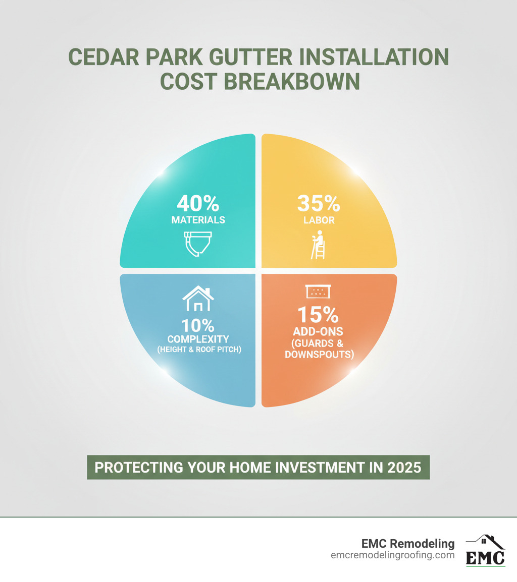 infographic showing breakdown of gutter installation costs: 40% materials, 35% labor, 15% additional features like guards and downspouts, 10% complexity factors like home height and roof pitch - rain gutter installation cost cedar park tx infographic infographic showing breakdown of gutter installation costs: 40% materials, 35% labor, 15% additional features like guards and downspouts, 10% complexity factors like home height and roof pitch - rain gutter installation cost cedar park tx infographic