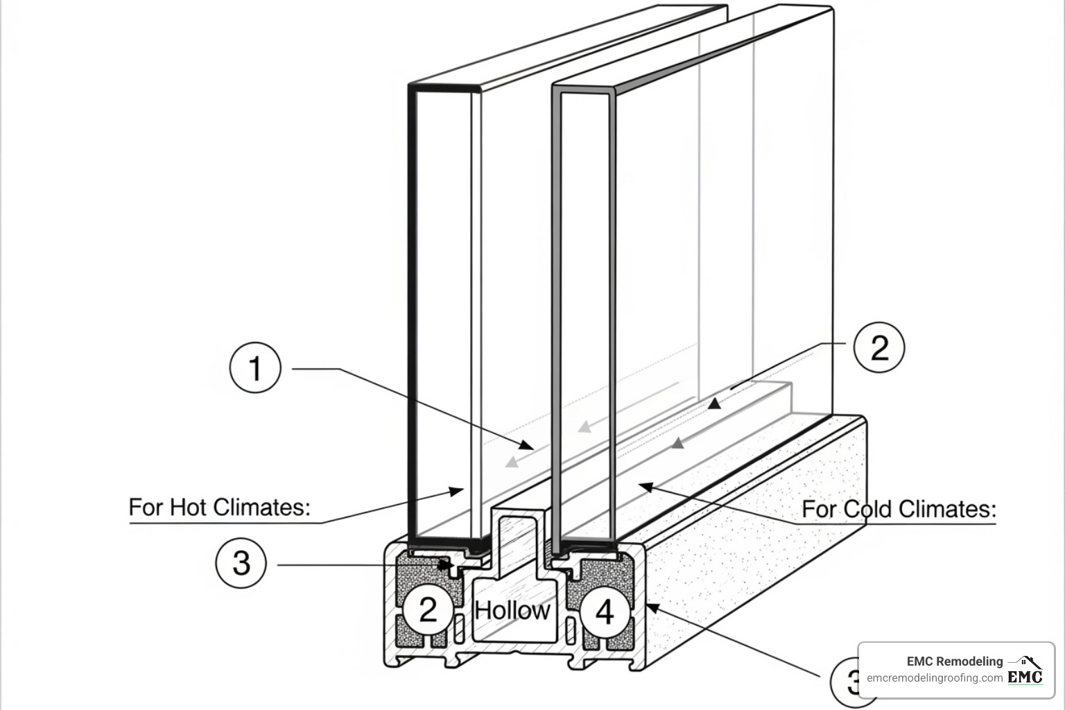 Diagram showing a cross-section of a double-pane Insulated Glass Unit (IGU) with four numbered surfaces (1-exterior, 2-interior of outer pane, 3-exterior of inner pane, 4-interior) and arrows indicating optimal Low-E coating placement for different climates. - low e glass