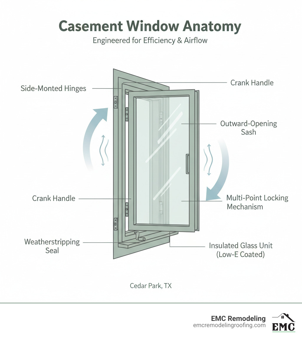 Infographic showing casement window anatomy: labeled diagram with side-mounted hinges, outward-opening sash operated by interior crank handle, multi-point locking mechanism at frame edge, insulated glass unit with Low-E coating, and weatherstripping seal around perimeter, with arrows indicating outward swing direction and air flow patterns - casement windows cedar park infographic Infographic showing casement window anatomy: labeled diagram with side-mounted hinges, outward-opening sash operated by interior crank handle, multi-point locking mechanism at frame edge, insulated glass unit with Low-E coating, and weatherstripping seal around perimeter, with arrows indicating outward swing direction and air flow patterns - casement windows cedar park infographic