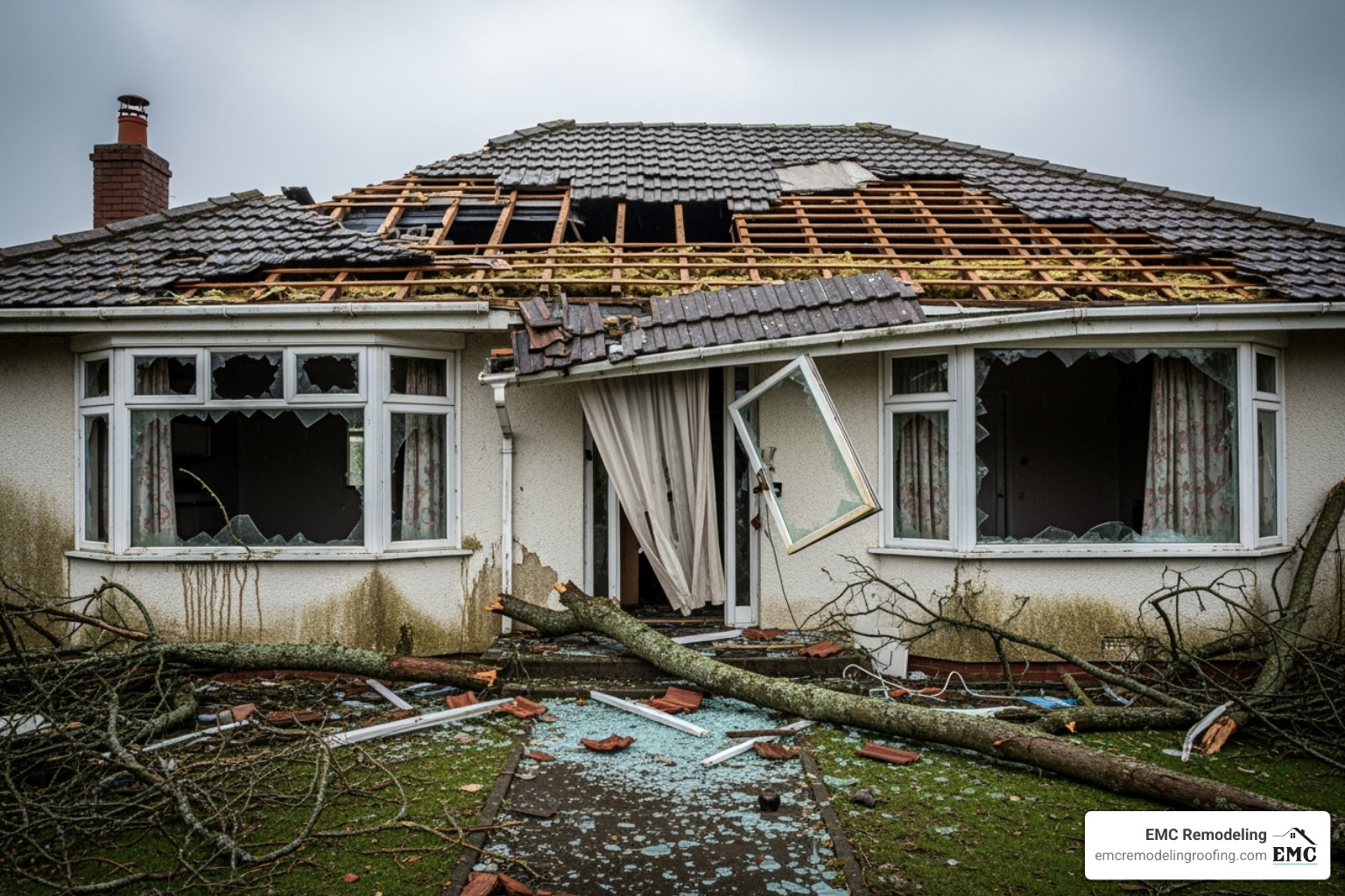 Severely storm-damaged house with broken windows and a damaged roof - window replacer Severely storm-damaged house with broken windows and a damaged roof - window replacer