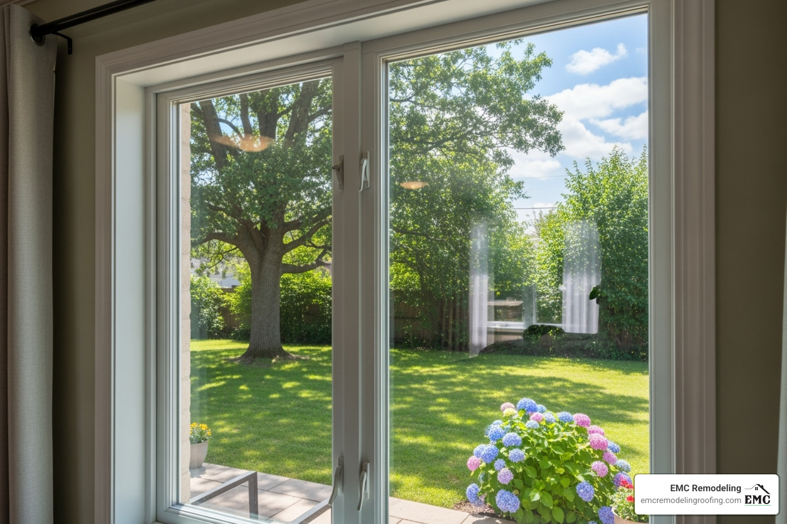 Newly installed, energy-efficient window from the inside looking out - window replacer Newly installed, energy-efficient window from the inside looking out - window replacer