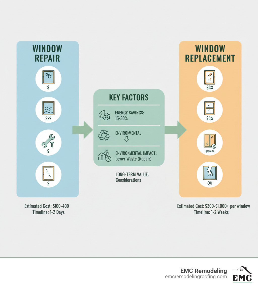 Infographic showing window repair vs. replacement decision tree: Left side shows "Window Repair" with icons for broken glass ($), foggy seals ($$), hardware issues ($), and minor frame damage ($$) with estimated costs $100-$400 and 1-2 day timeline. Right side shows "Window Replacement" with icons for severe rot ($$$), warped frames ($$$), single-pane upgrade ($$$$), and storm damage ($$$$) with estimated costs $300-$1,000+ per window and 1-2 week timeline. Center displays key factors: energy savings 15-30%, environmental impact (repair = lower waste), and long-term value considerations. - window replacer infographic Infographic showing window repair vs. replacement decision tree: Left side shows "Window Repair" with icons for broken glass ($), foggy seals ($$), hardware issues ($), and minor frame damage ($$) with estimated costs $100-$400 and 1-2 day timeline. Right side shows "Window Replacement" with icons for severe rot ($$$), warped frames ($$$), single-pane upgrade ($$$$), and storm damage ($$$$) with estimated costs $300-$1,000+ per window and 1-2 week timeline. Center displays key factors: energy savings 15-30%, environmental impact (repair = lower waste), and long-term value considerations. - window replacer infographic