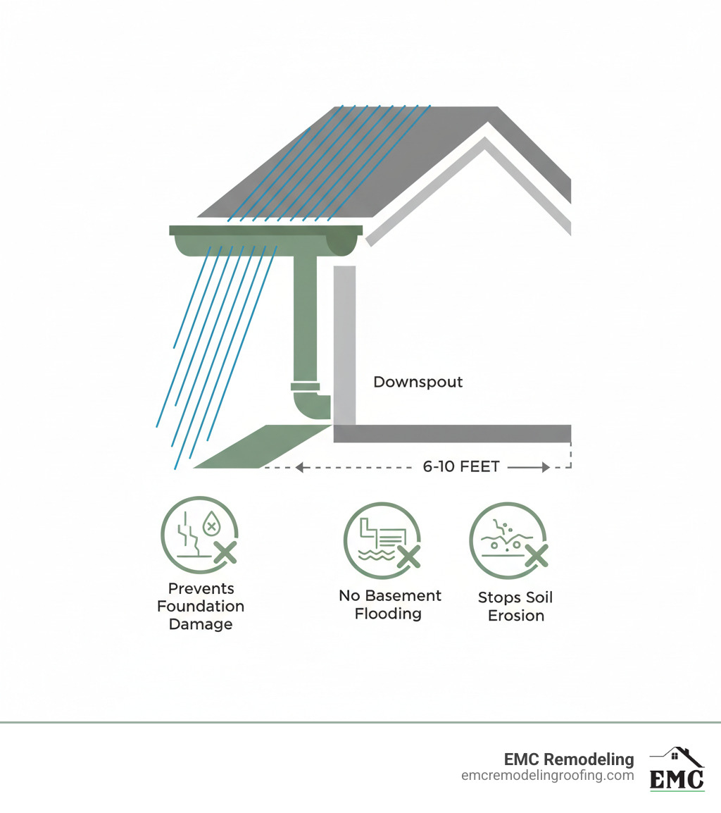 Infographic showing how a proper gutter system works: rainwater flows from roof into gutters, travels through downspouts, and is directed 6-10 feet away from the foundation through extensions or splash blocks, preventing foundation damage, basement flooding, and soil erosion - gutter installation cedar park tx infographic 