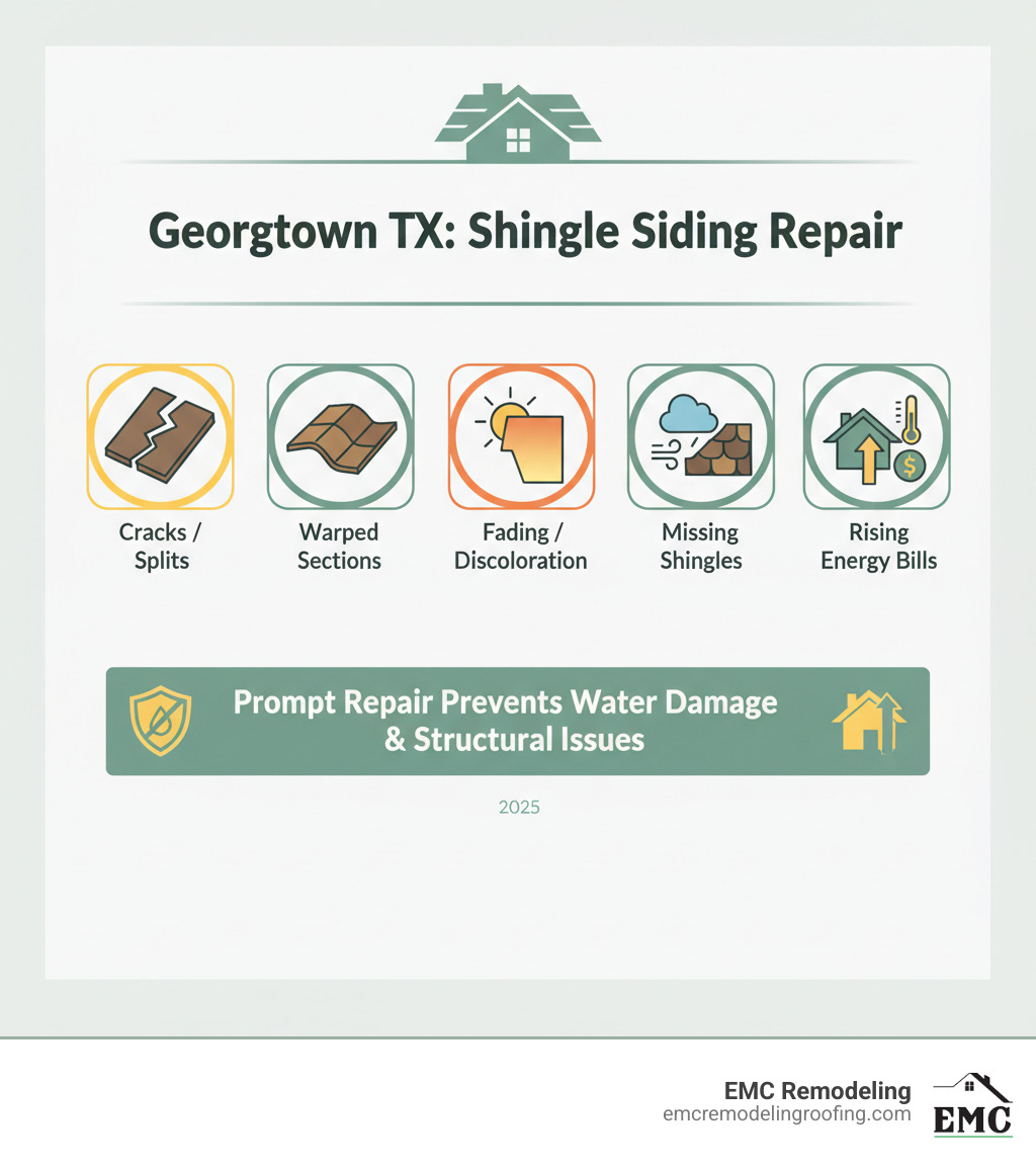 Infographic showing the top 5 signs your Georgetown home needs shingle siding repair: 1) Visible cracks or splits in shingles, 2) Warped or buckling sections, 3) Significant fading or discoloration from UV damage, 4) Missing shingles after storms, 5) Rising energy bills indicating poor insulation. Includes icons for each sign and a note that prompt repair prevents costly water damage and structural issues. - shingle siding repair georgetown tx infographic 