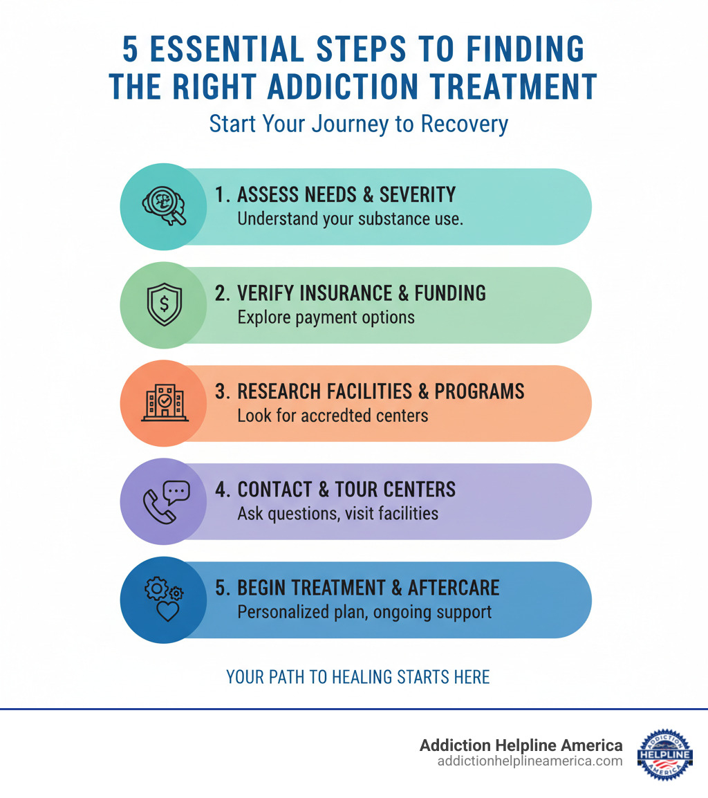 Infographic showing the 5 essential steps to finding the right addiction treatment: 1) Assess your needs and substance use severity, 2) Verify insurance coverage and explore payment options, 3) Research accredited facilities with specialized programs, 4) Contact treatment centers for consultations and facility tours, 5) Begin treatment with a personalized care plan and aftercare support - rehab in Costa Mesa infographic 