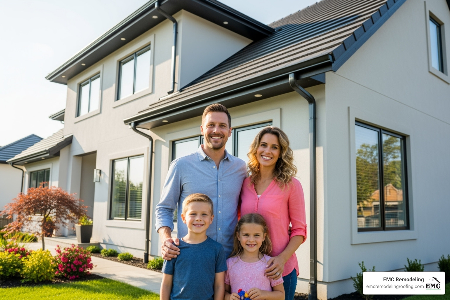 a happy family standing in front of their home, with the new gutters visible - gutter replacement cost