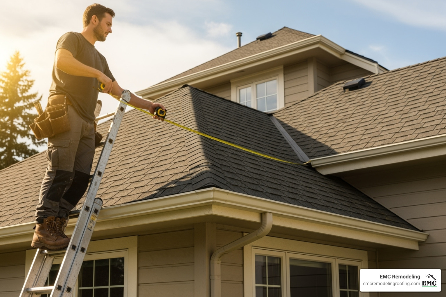a contractor measuring a roofline for a gutter installation - gutter replacement cost