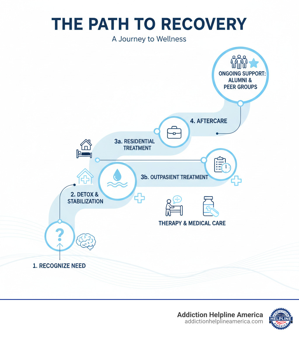 Infographic showing the path to recovery: Starting with recognizing the need for help, moving through detox and stabilization, then residential or outpatient treatment with therapy and medical care, followed by aftercare planning, and finally ongoing support through alumni programs and peer groups - best rehab programs infographic 
