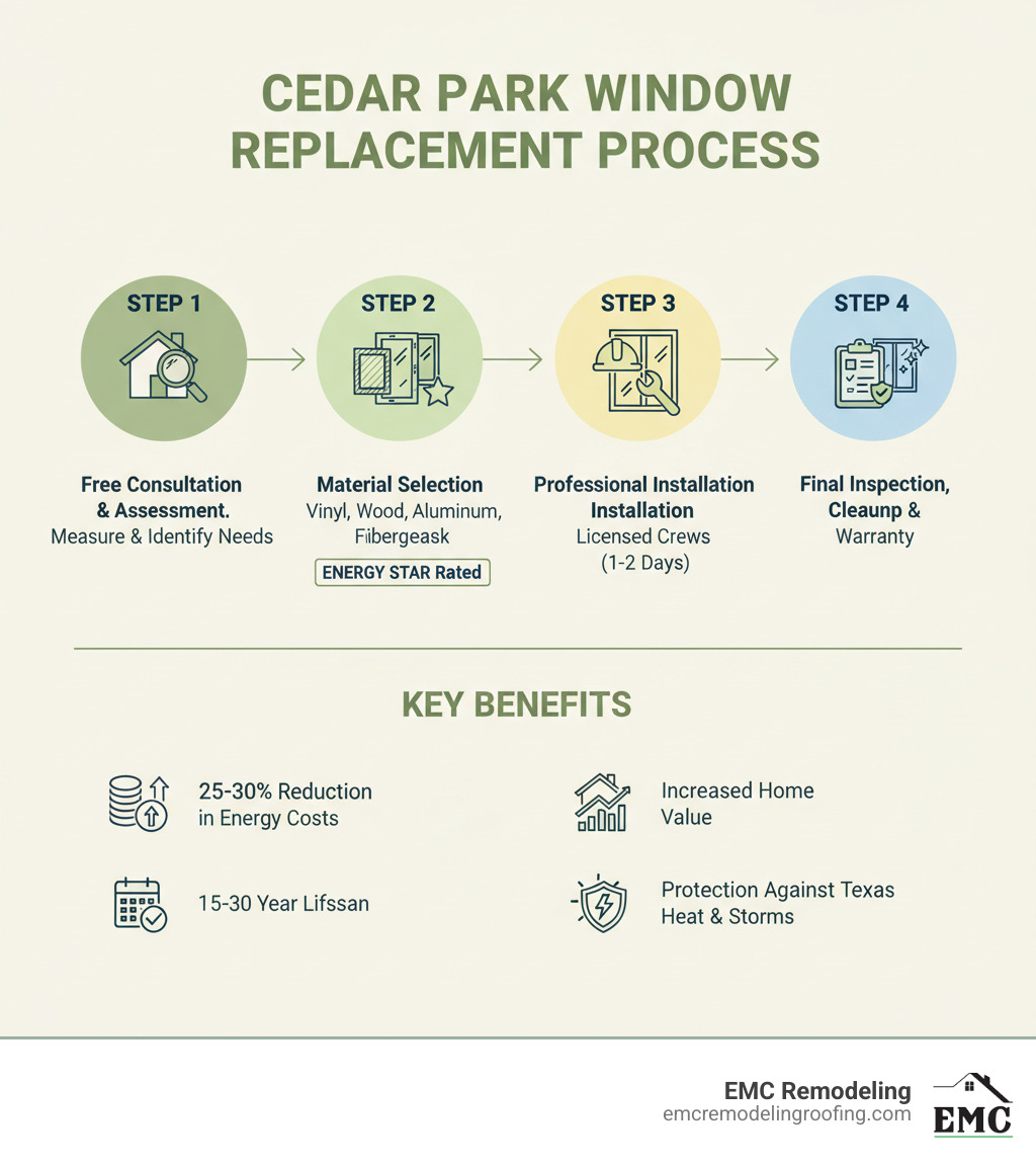 Infographic showing the Cedar Park window replacement process: Step 1 - Free consultation and home assessment to identify window needs and measure openings. Step 2 - Material selection including vinyl, wood, aluminum, or fiberglass options with Energy Star ratings. Step 3 - Professional installation by licensed crews (1-2 days for average homes). Step 4 - Final inspection, cleanup, and warranty registration. Key benefits displayed: 25-30% reduction in energy costs, 15-30 year lifespan, increased home value, and protection against Texas heat and storms. - cedar park window replacement infographic Infographic showing the Cedar Park window replacement process: Step 1 - Free consultation and home assessment to identify window needs and measure openings. Step 2 - Material selection including vinyl, wood, aluminum, or fiberglass options with Energy Star ratings. Step 3 - Professional installation by licensed crews (1-2 days for average homes). Step 4 - Final inspection, cleanup, and warranty registration. Key benefits displayed: 25-30% reduction in energy costs, 15-30 year lifespan, increased home value, and protection against Texas heat and storms. - cedar park window replacement infographic