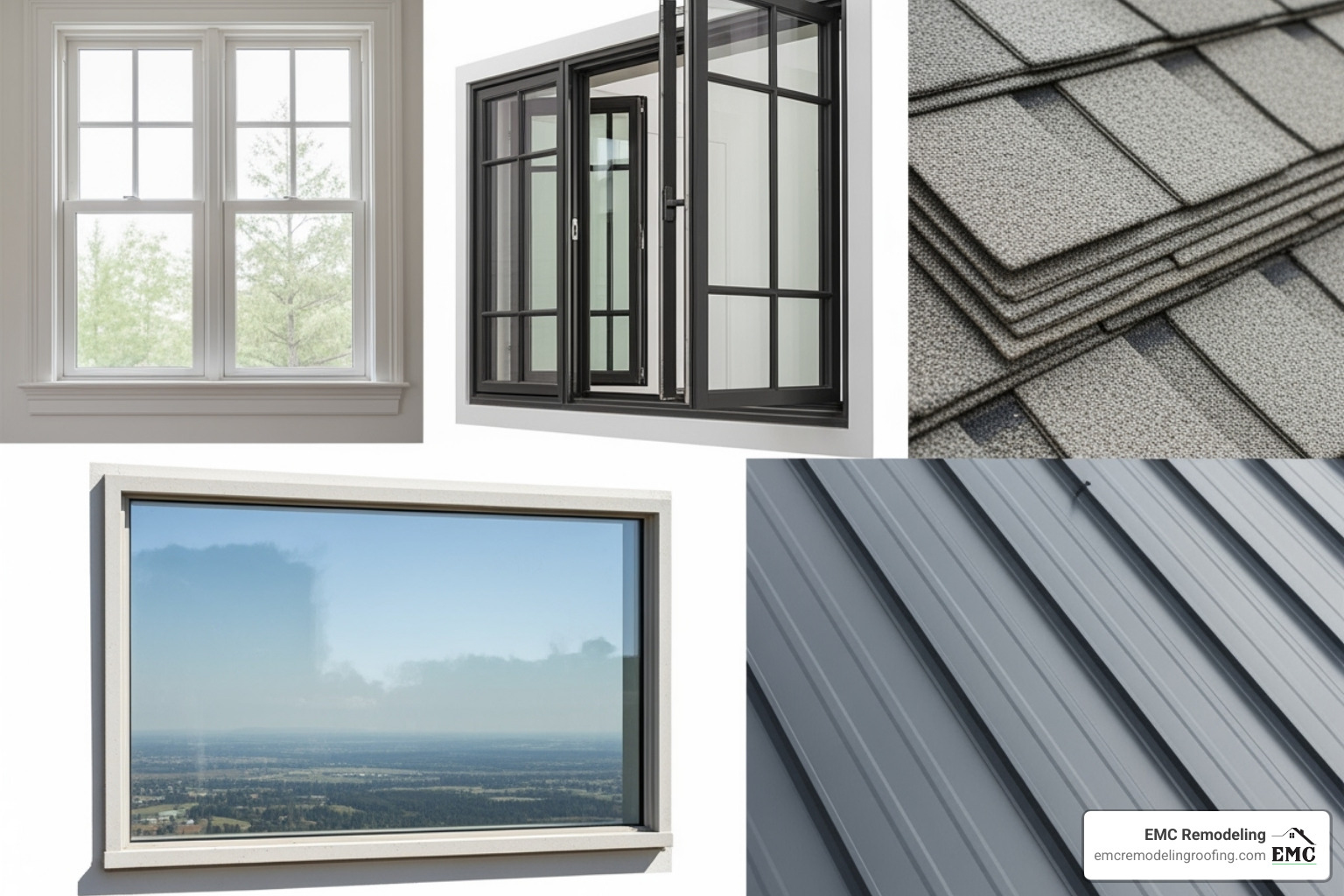 A collage showcasing various window styles including double-hung, casement, and picture windows, alongside samples of modern roofing materials like architectural shingles and standing seam metal. - cedar park window replacement A collage showcasing various window styles including double-hung, casement, and picture windows, alongside samples of modern roofing materials like architectural shingles and standing seam metal. - cedar park window replacement
