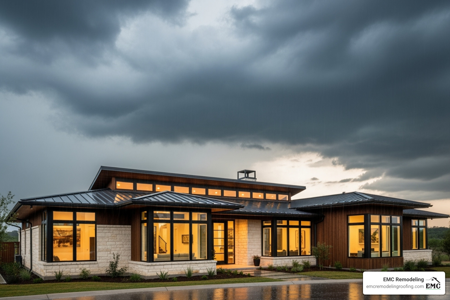 A modern, sturdy home with new, energy-efficient windows and a robust roof, with dark clouds and light rain in the background, symbolizing its ability to withstand a Texas storm. - cedar park window replacement A modern, sturdy home with new, energy-efficient windows and a robust roof, with dark clouds and light rain in the background, symbolizing its ability to withstand a Texas storm. - cedar park window replacement