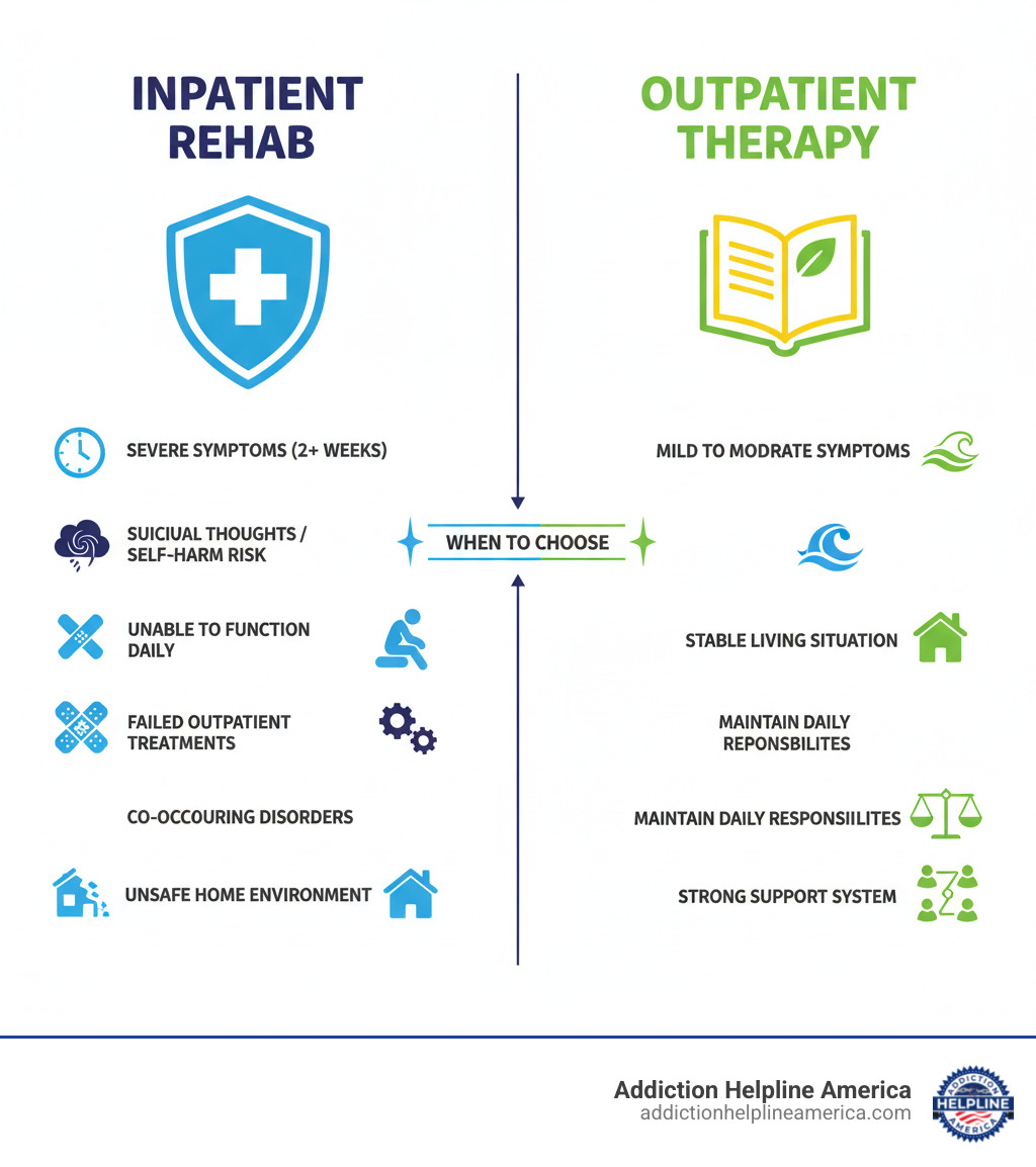 Infographic showing when to choose inpatient rehab for depression: includes severe symptoms lasting 2+ weeks, suicidal thoughts or self-harm risk, inability to function in daily life, failed outpatient treatments, co-occurring substance use or mental health disorders, need for medication stabilization, and lack of safe home environment - compared to outpatient therapy which suits mild to moderate symptoms, stable living situation, ability to maintain daily responsibilities, and strong support system at home - in patient rehab for depression infographic 