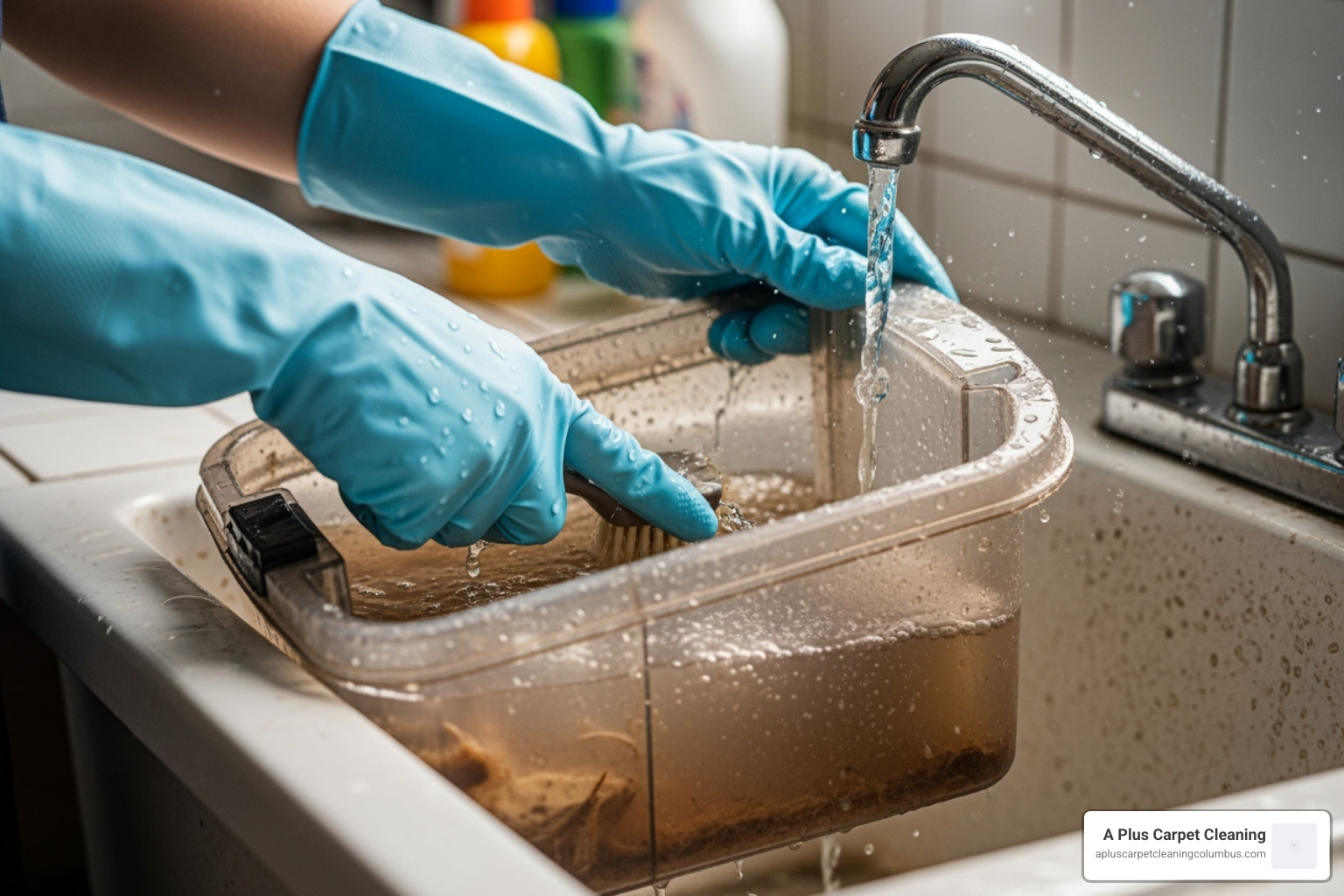 person cleaning the dirty water tank of a carpet cleaner - tips for using a carpet cleaner