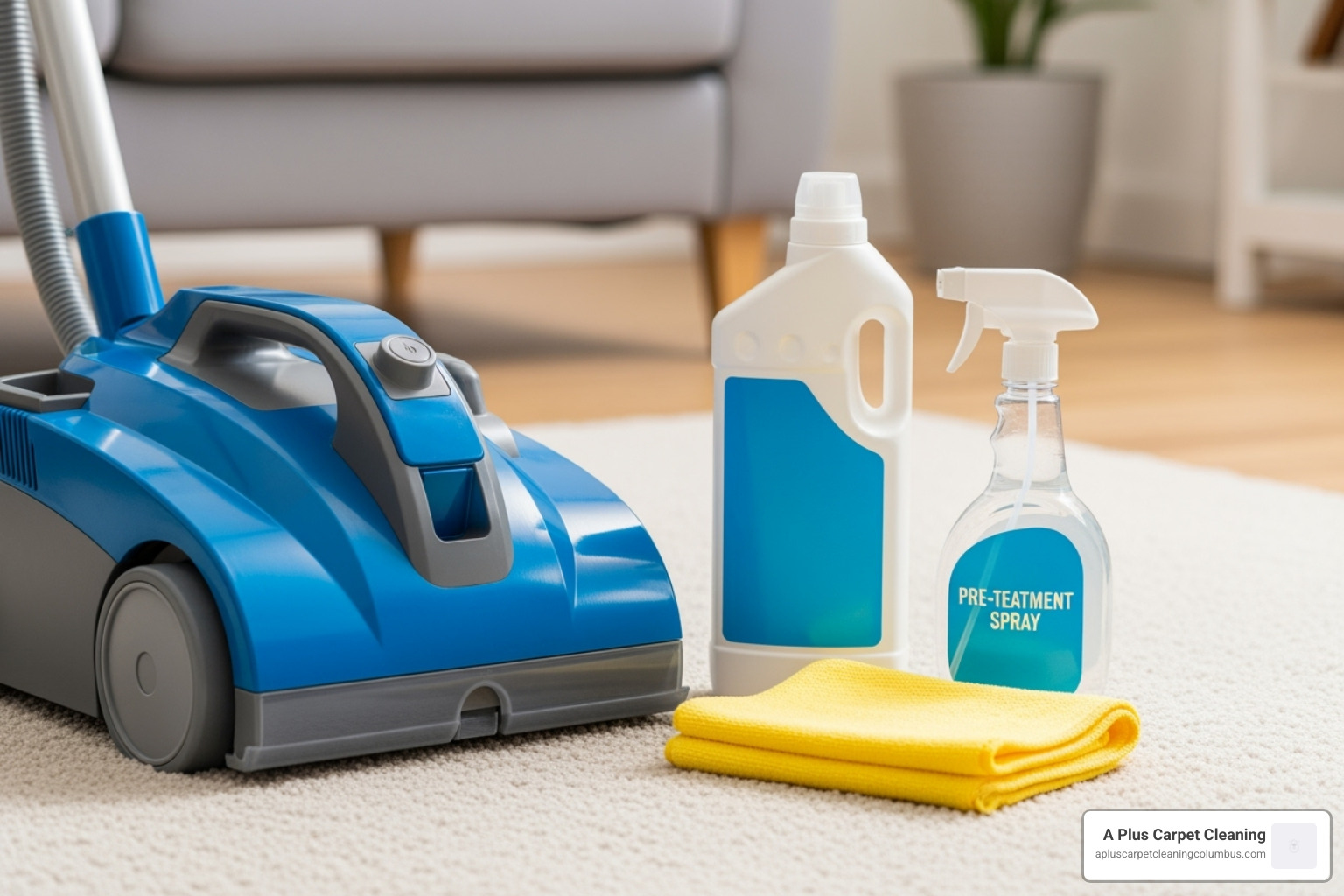 carpet cleaning supplies laid out: a carpet cleaner machine, bottle of solution, and a pre-treat spray - tips for using a carpet cleaner