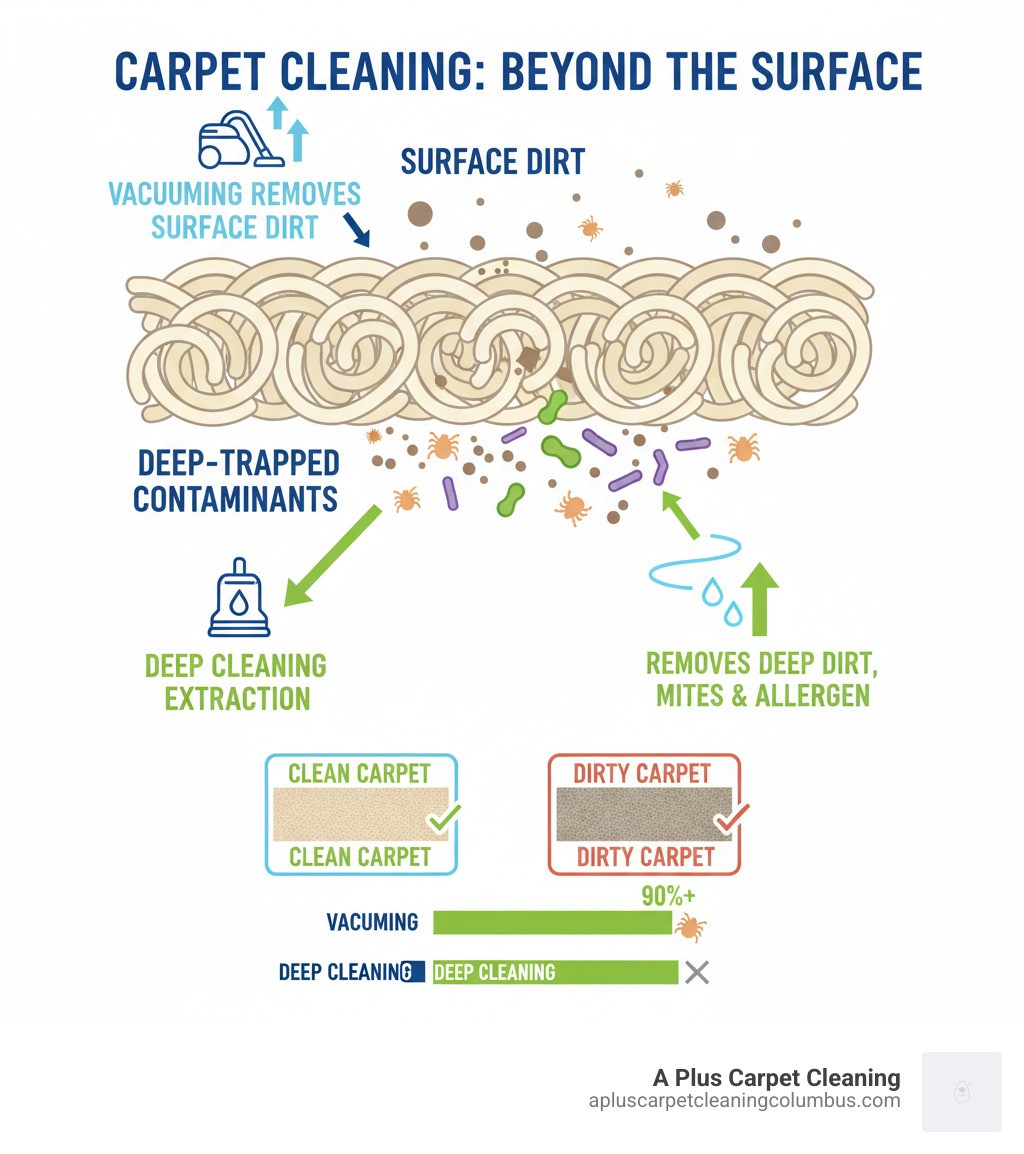infographic showing cross-section of carpet fibers with dirt, dust mites, allergens, and bacteria trapped deep in the pile, compared to surface-level dirt that vacuuming removes versus deep cleaning extraction - tips for using a carpet cleaner infographic 