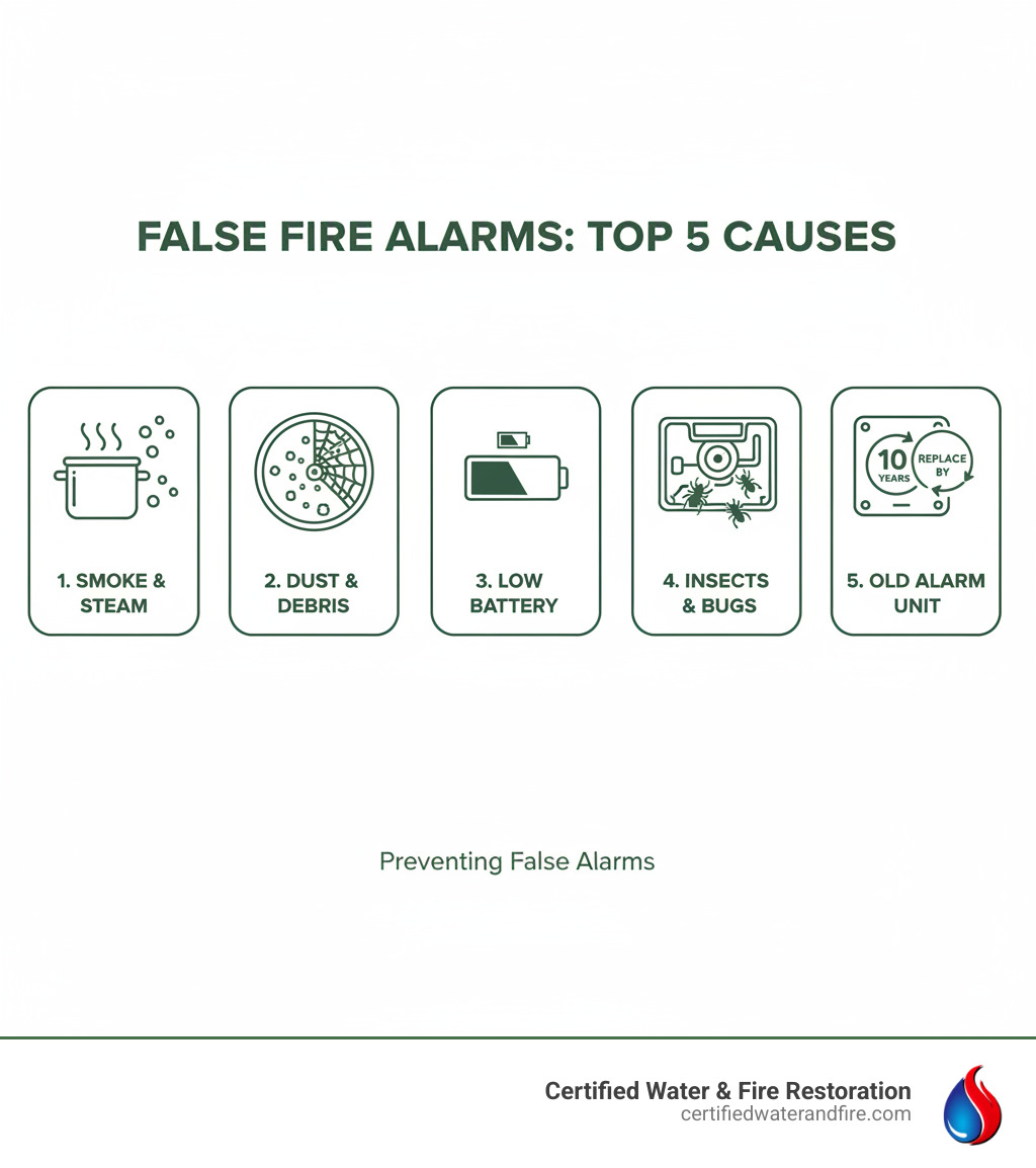 Infographic showing the top 5 reasons fire alarms go off randomly: 1. Cooking smoke and steam from kitchens and bathrooms showing moisture particles, 2. Dust and debris accumulation with a dirty sensor chamber, 3. Low battery icon with a 9V battery, 4. Spider and insects inside detector housing, 5. Old alarm unit with a 10-year replacement reminder symbol - fire alarm going off for no reason infographic 