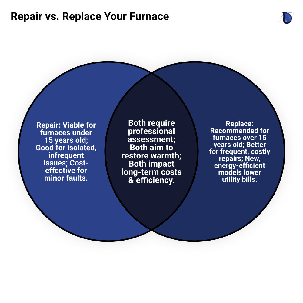 Infographic comparing the benefits and drawbacks of repairing vs. replacing an old furnace - repair furnace not heating levelland tx infographic venn_diagram Infographic comparing the benefits and drawbacks of repairing vs. replacing an old furnace - repair furnace not heating levelland tx infographic venn_diagram