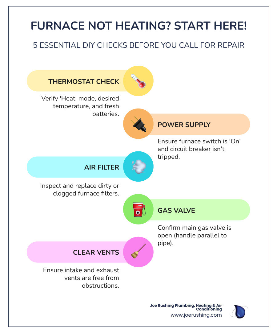 infographic showing common causes of furnace not heating including thermostat issues, dirty filters, tripped breakers, gas supply problems, blocked vents, faulty ignitors, blower motor failure, and cracked heat exchangers with corresponding troubleshooting steps - repair furnace not heating levelland tx infographic infographic-line-5-steps-colors infographic showing common causes of furnace not heating including thermostat issues, dirty filters, tripped breakers, gas supply problems, blocked vents, faulty ignitors, blower motor failure, and cracked heat exchangers with corresponding troubleshooting steps - repair furnace not heating levelland tx infographic infographic-line-5-steps-colors