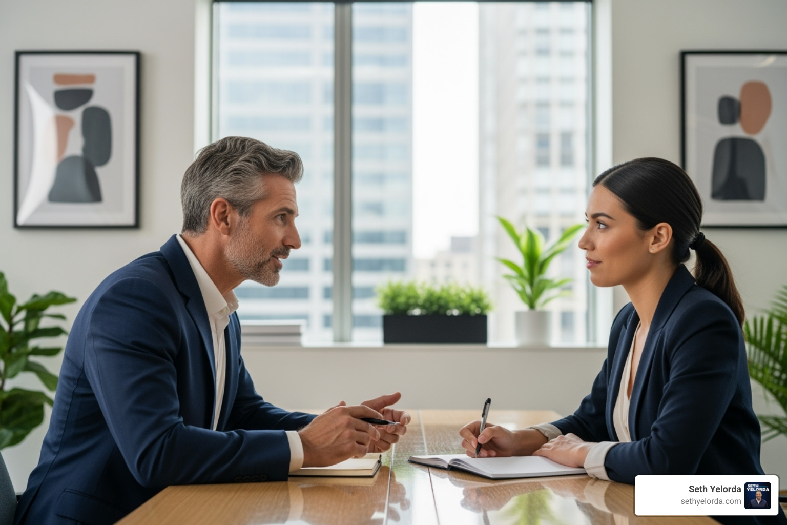 A mentor and mentee having a constructive conversation in a professional setting, symbolizing guidance and active listening in leadership development. - leadership development programs