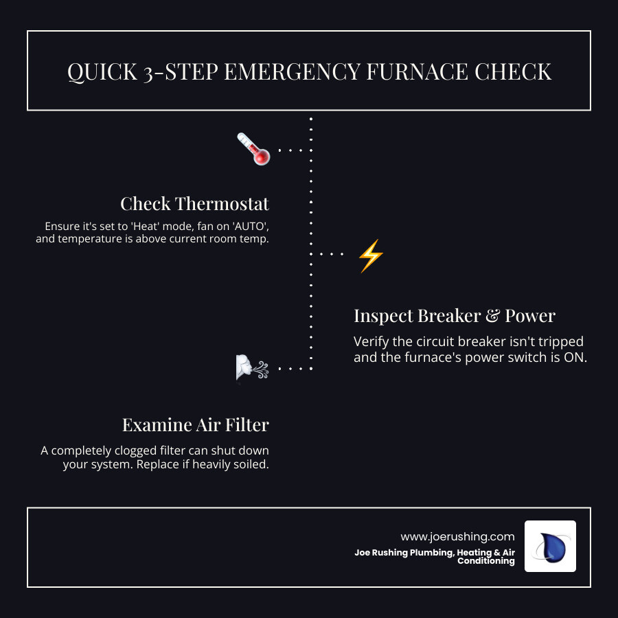 Infographic showing three-step emergency furnace check: Step 1 shows a thermostat with "Check: Set to HEAT, Fan on AUTO, Temperature above room temp"; Step 2 shows an electrical panel with "Check: Circuit breaker not tripped, Furnace power switch ON"; Step 3 shows an air filter with "Check: Filter not completely clogged, Replace if you can't see light through it, Call professional if still no heat" - emergency furnace not heating levelland tx infographic infographic-line-3-steps-dark Infographic showing three-step emergency furnace check: Step 1 shows a thermostat with "Check: Set to HEAT, Fan on AUTO, Temperature above room temp"; Step 2 shows an electrical panel with "Check: Circuit breaker not tripped, Furnace power switch ON"; Step 3 shows an air filter with "Check: Filter not completely clogged, Replace if you can't see light through it, Call professional if still no heat" - emergency furnace not heating levelland tx infographic infographic-line-3-steps-dark