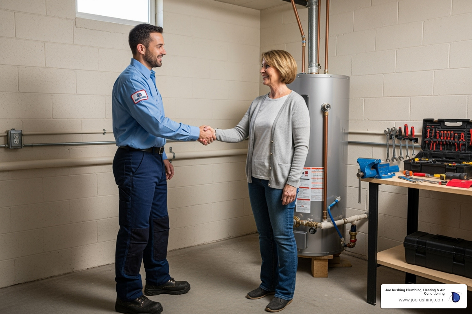 plumber shaking hands with a happy homeowner after successful water heater installation - water heater installation lubbock tx