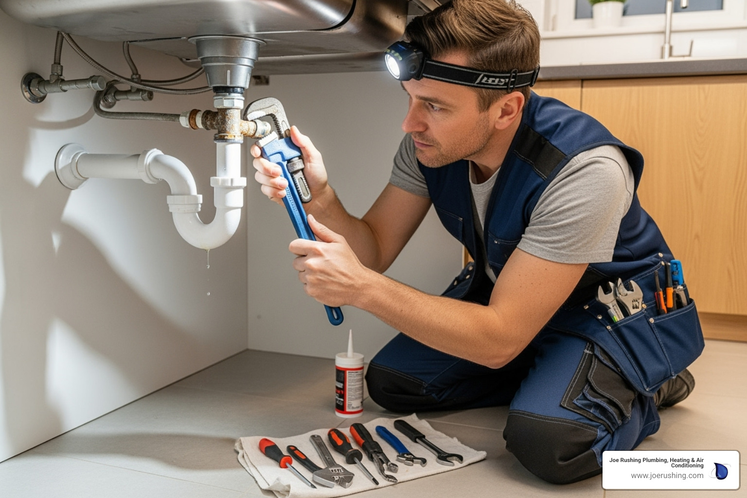 A plumber with tools professionally fixing a leak under a sink, showing careful work and attention to detail. - plumbing repair lubbock tx A plumber with tools professionally fixing a leak under a sink, showing careful work and attention to detail. - plumbing repair lubbock tx