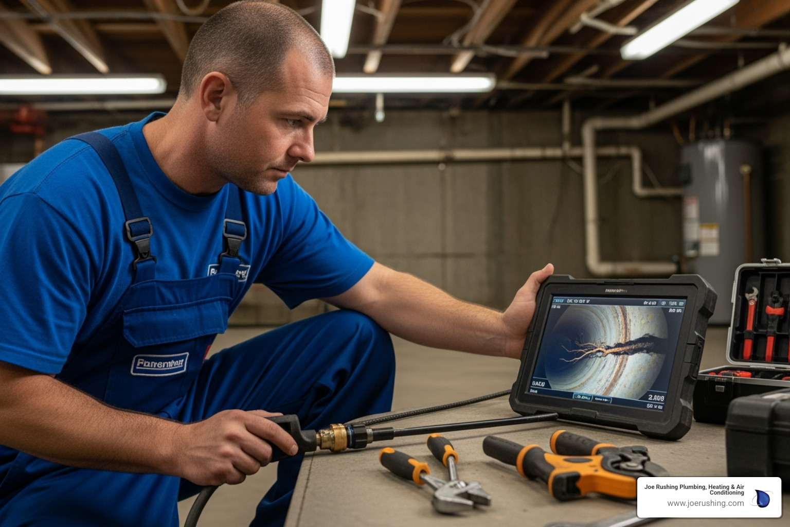 A technician viewing a sewer camera inspection screen, showing the inside of a pipe on the monitor. - plumbing repair lubbock tx A technician viewing a sewer camera inspection screen, showing the inside of a pipe on the monitor. - plumbing repair lubbock tx