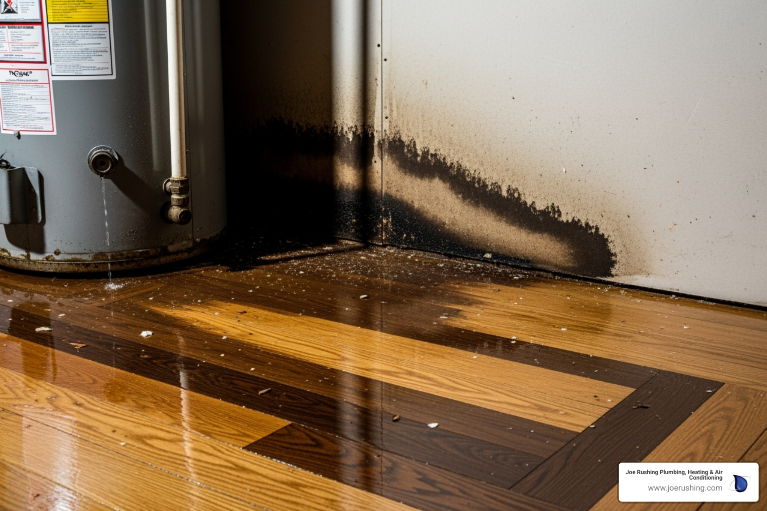 Water damage on a floor and wall near a leaking water heater - no hot water lubbock tx Water damage on a floor and wall near a leaking water heater - no hot water lubbock tx