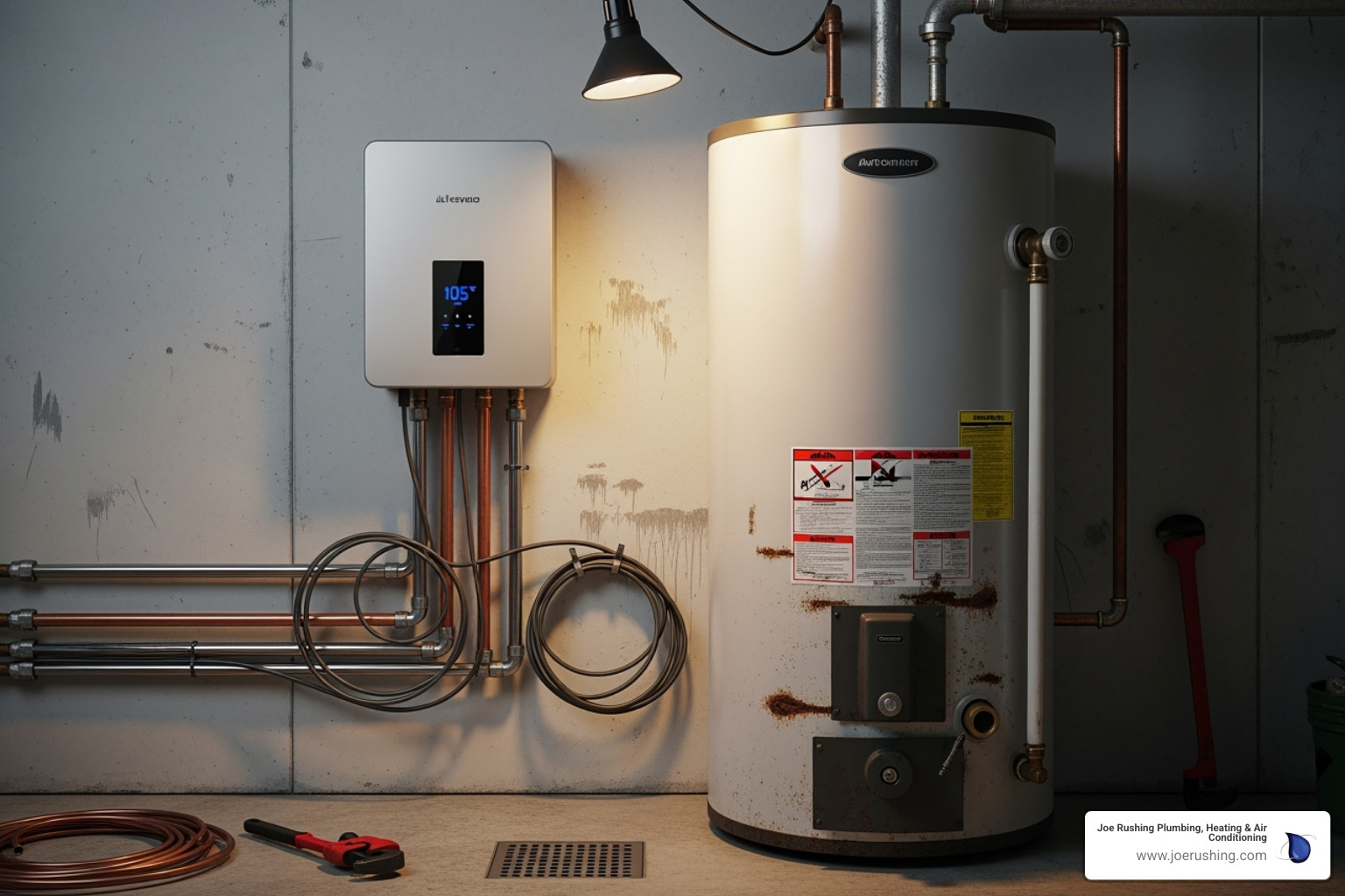 A new, modern tankless water heater next to an old tank model - no hot water lubbock tx A new, modern tankless water heater next to an old tank model - no hot water lubbock tx