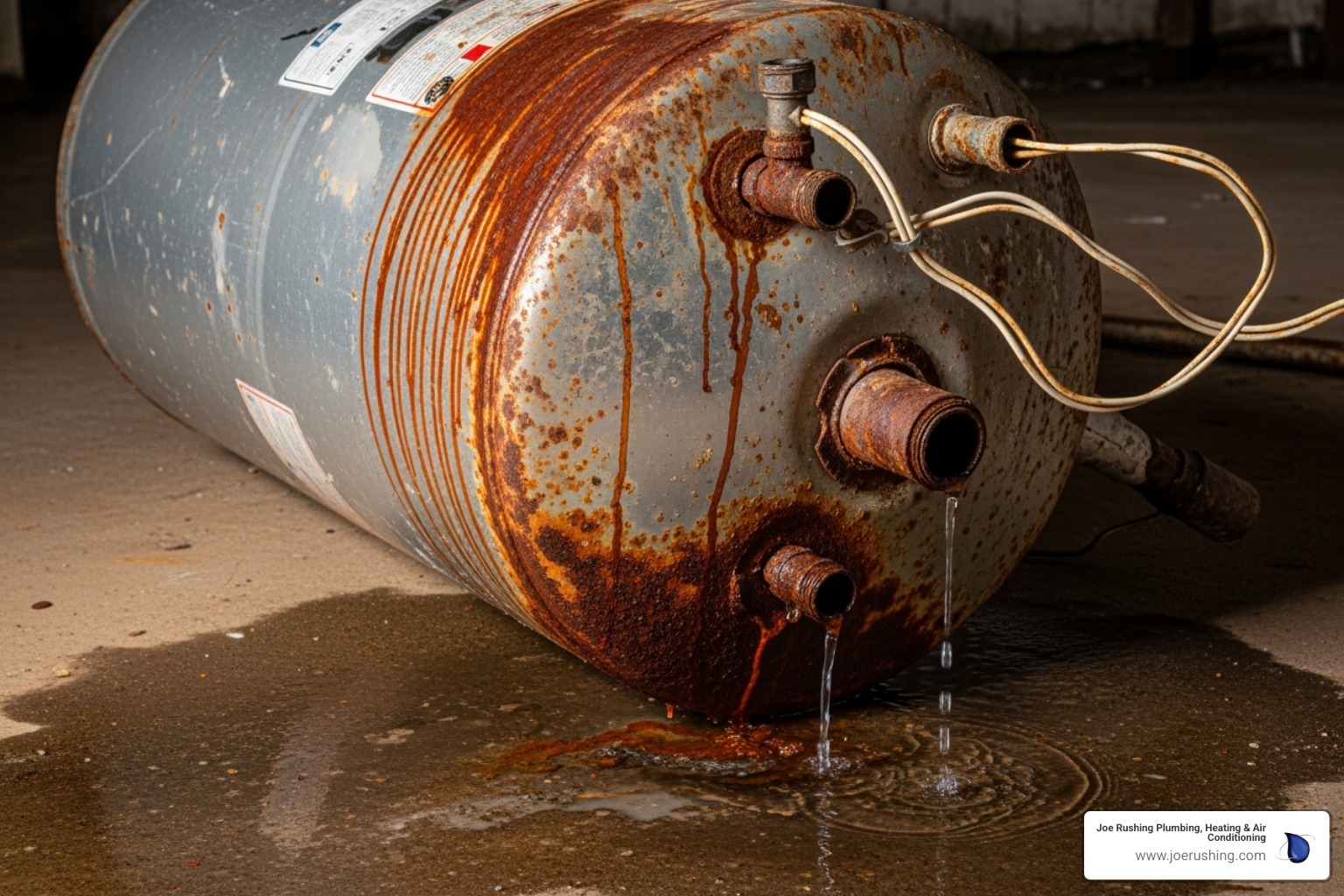 image of a corroded and leaking old water heater tank on the floor - tankless water heater installation levelland tx image of a corroded and leaking old water heater tank on the floor - tankless water heater installation levelland tx