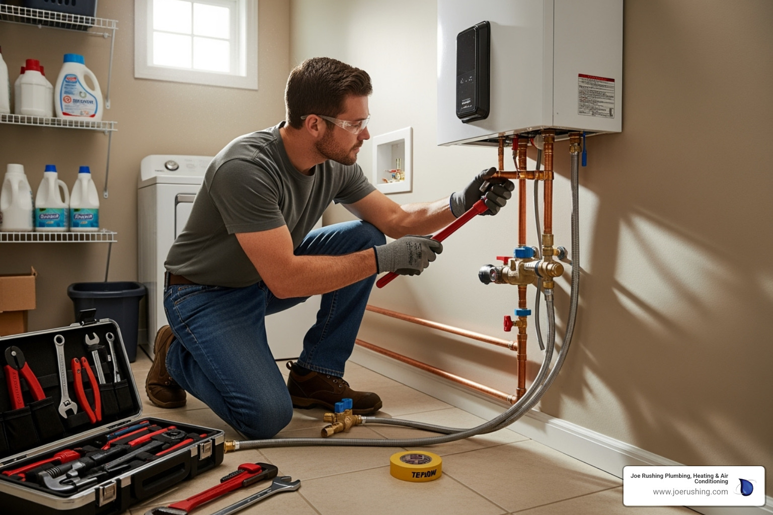 image of a certified plumber carefully connecting copper pipes to a newly mounted tankless water heater - tankless water heater installation levelland tx image of a certified plumber carefully connecting copper pipes to a newly mounted tankless water heater - tankless water heater installation levelland tx