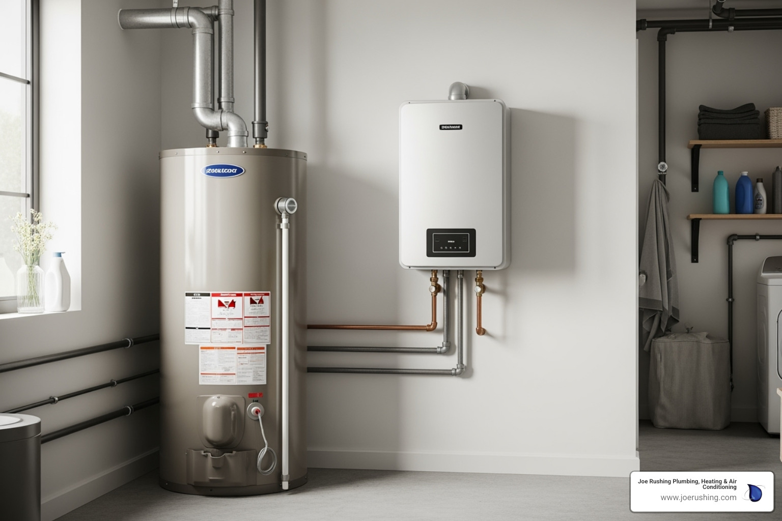 image showing a compact tankless unit next to a large, bulky traditional water heater tank - tankless water heater installation levelland tx image showing a compact tankless unit next to a large, bulky traditional water heater tank - tankless water heater installation levelland tx