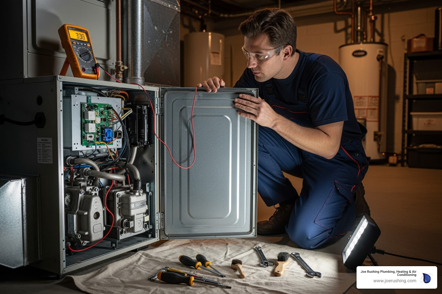 technician inspecting a furnace unit - affordable heating repair levelland tx