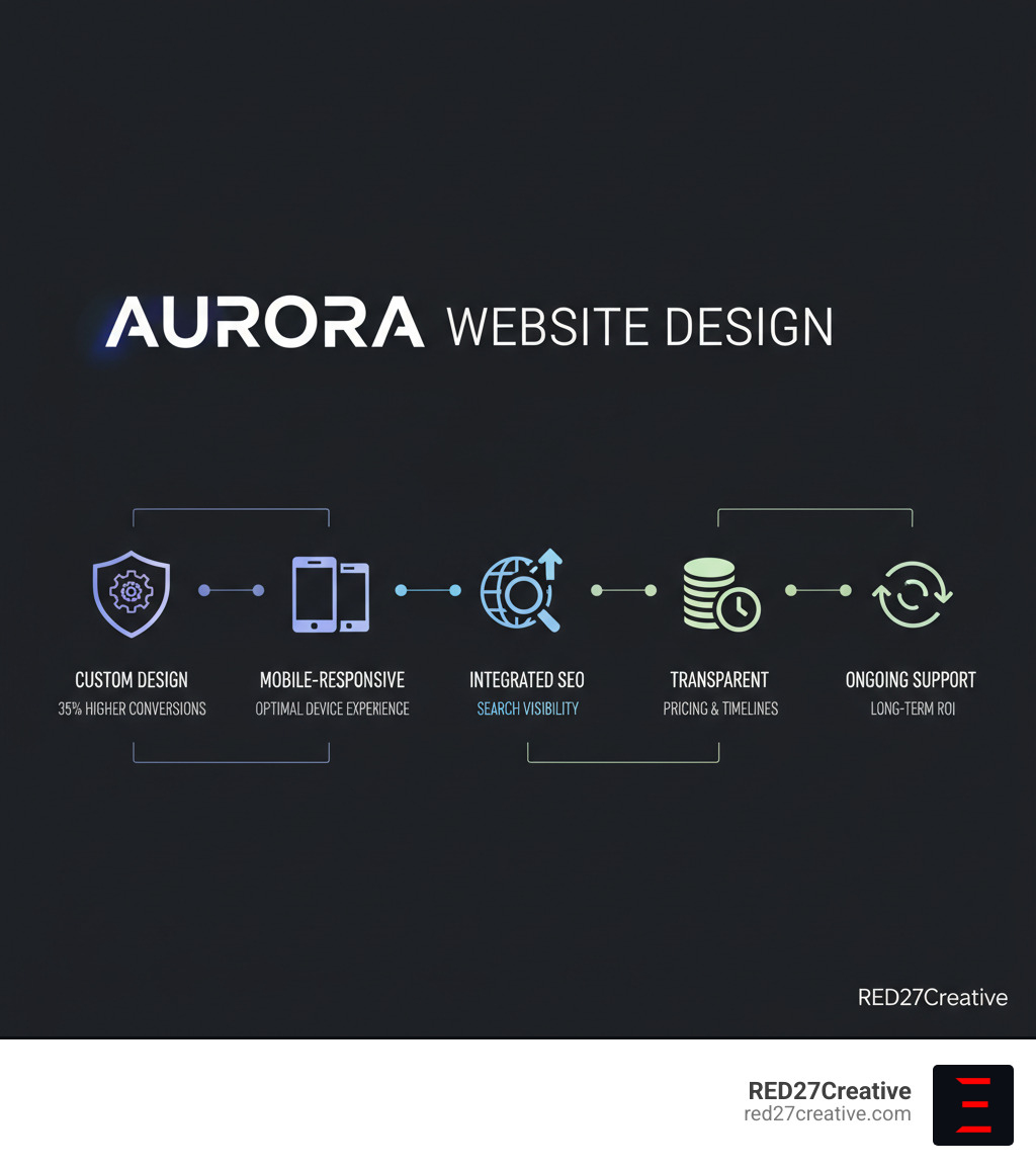 Infographic showing the key components of effective Aurora website design: custom design for 35% higher conversions, mobile-responsive development for optimal device experience, integrated SEO strategy for search visibility, transparent pricing and timelines for project clarity, and ongoing support for long-term ROI maximization - Aurora website design infographic Infographic showing the key components of effective Aurora website design: custom design for 35% higher conversions, mobile-responsive development for optimal device experience, integrated SEO strategy for search visibility, transparent pricing and timelines for project clarity, and ongoing support for long-term ROI maximization - Aurora website design infographic