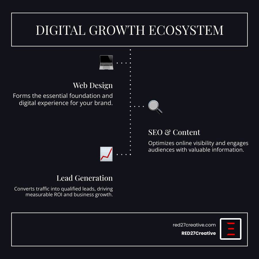 Diagram showing how web design, SEO, and content marketing work together to drive business growth. Web Design forms the base, with SEO optimizing visibility, and Content Marketing engaging users, all leading to Business Growth. - Aurora website design infographic infographic-line-3-steps-dark Diagram showing how web design, SEO, and content marketing work together to drive business growth. Web Design forms the base, with SEO optimizing visibility, and Content Marketing engaging users, all leading to Business Growth. - Aurora website design infographic infographic-line-3-steps-dark