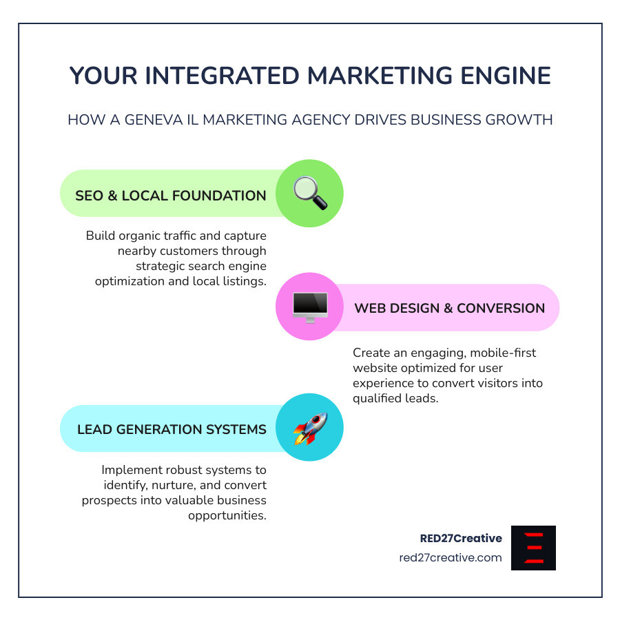 Infographic showing the integrated components of a modern Geneva Illinois marketing agency approach: SEO foundation driving organic traffic, web design optimizing conversion, local presence capturing nearby customers, and lead generation systems converting visitors into qualified opportunities, all working together to create sustainable business growth - Geneva Illinois Marketing Agency infographic infographic-line-3-steps-colors Infographic showing the integrated components of a modern Geneva Illinois marketing agency approach: SEO foundation driving organic traffic, web design optimizing conversion, local presence capturing nearby customers, and lead generation systems converting visitors into qualified opportunities, all working together to create sustainable business growth - Geneva Illinois Marketing Agency infographic infographic-line-3-steps-colors
