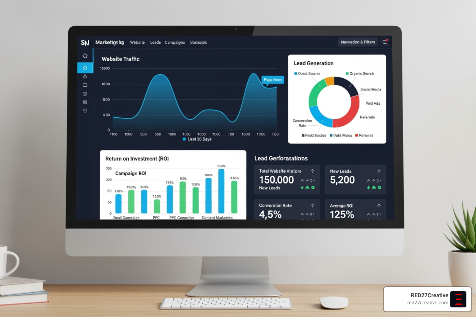 Marketing dashboard with website traffic, leads, and ROI metrics. - Geneva Illinois Marketing Agency Marketing dashboard with website traffic, leads, and ROI metrics. - Geneva Illinois Marketing Agency