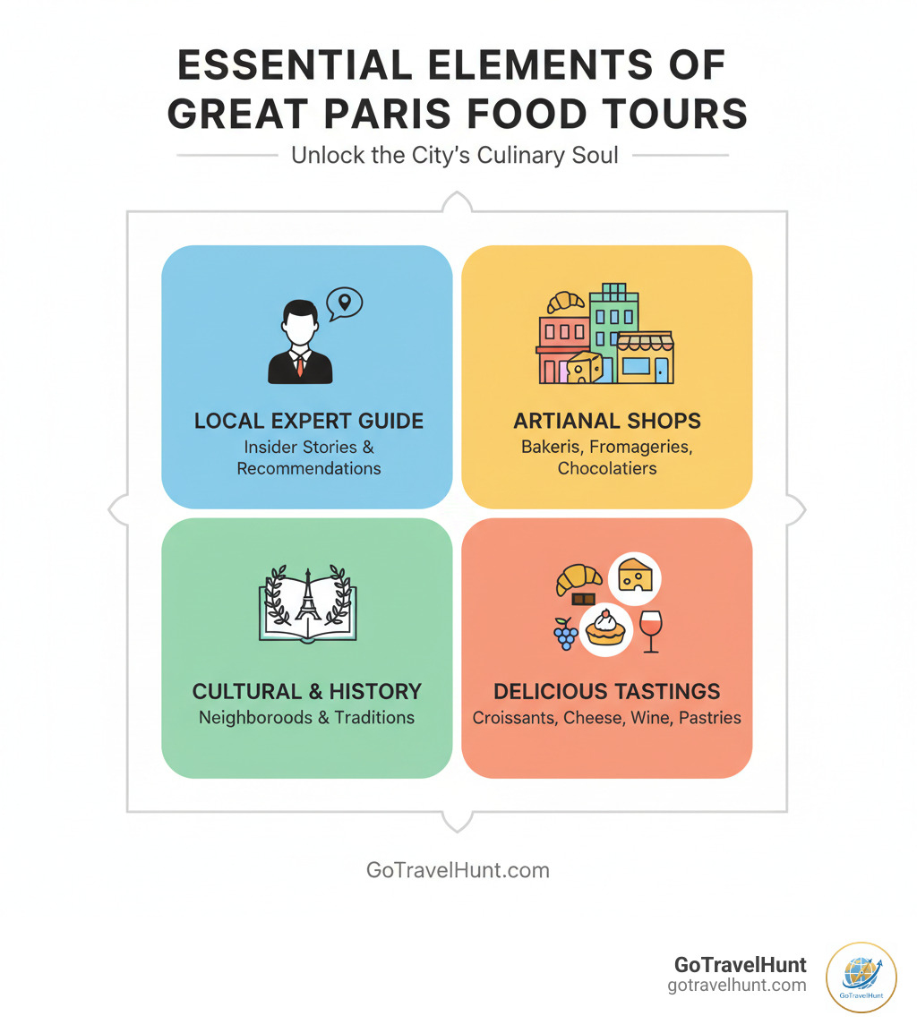 Infographic showing the four essential elements of great Paris food tours: a knowledgeable local guide who shares insider stories and recommendations; visits to artisanal shops including bakeries, fromageries, and chocolate makers; cultural and historical context about neighborhoods and French culinary traditions; and delicious tastings of croissants, cheese, wine, pastries, and regional specialties - Best Paris food tours infographic 