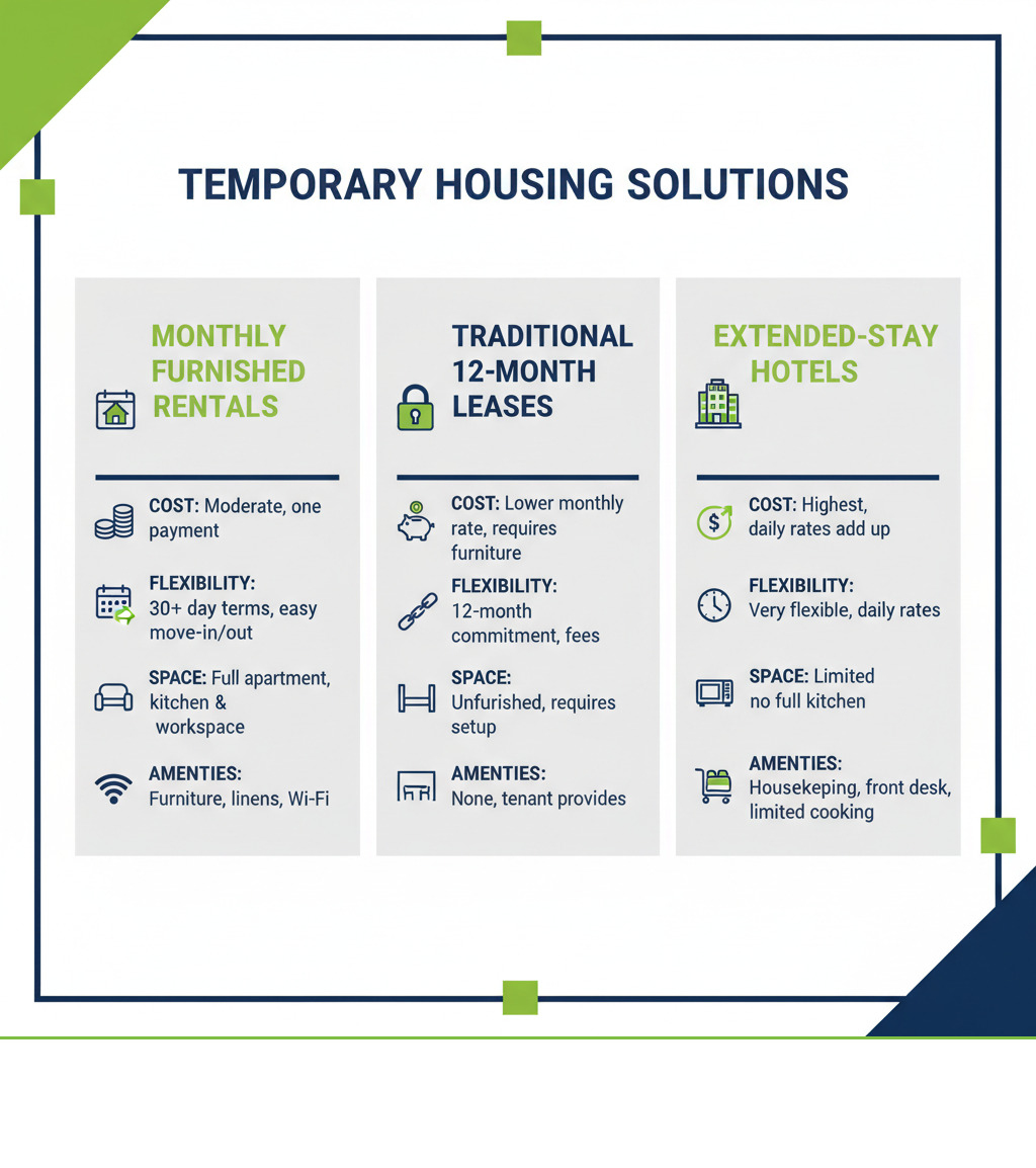 Infographic showing three columns comparing Monthly Furnished Rentals, Traditional 12-Month Leases, and Extended-Stay Hotels. Monthly Furnished Rentals column shows: Cost - moderate, one monthly payment; Flexibility - 30+ day terms, easy move-in/out; Space - full apartment with kitchen and workspace; Amenities - furniture, linens, kitchenware, Wi-Fi included. Traditional Leases column shows: Cost - lower monthly rate but requires furniture; Flexibility - 12-month commitment, early termination fees; Space - unfurnished, requires setup; Amenities - none, tenant provides everything. Extended-Stay Hotels column shows: Cost - highest, daily rates add up; Flexibility - very flexible, daily rates; Space - limited, no full kitchen; Amenities - housekeeping, front desk, limited cooking. Uses brand colors navy blue and green with clean layout - furnished apartment for rent monthly infographic