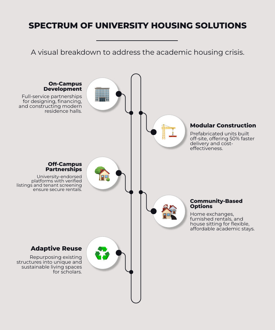 Infographic showing the spectrum of university housing solutions: a visual breakdown comparing on-campus development (15+ years experience, 10,000+ beds), modular construction (50% faster, cost-effective), off-campus verified platforms (real-time listings, tenant screening), and community-based options (home exchanges, furnished rentals, house sitting), with statistics on housing costs, academic retention rates, and construction timelines, using brand colors #0B669A and #7DBE43 - University housing solutions infographic infographic-line-5-steps-elegant_beige Infographic showing the spectrum of university housing solutions: a visual breakdown comparing on-campus development (15+ years experience, 10,000+ beds), modular construction (50% faster, cost-effective), off-campus verified platforms (real-time listings, tenant screening), and community-based options (home exchanges, furnished rentals, house sitting), with statistics on housing costs, academic retention rates, and construction timelines, using brand colors #0B669A and #7DBE43 - University housing solutions infographic infographic-line-5-steps-elegant_beige