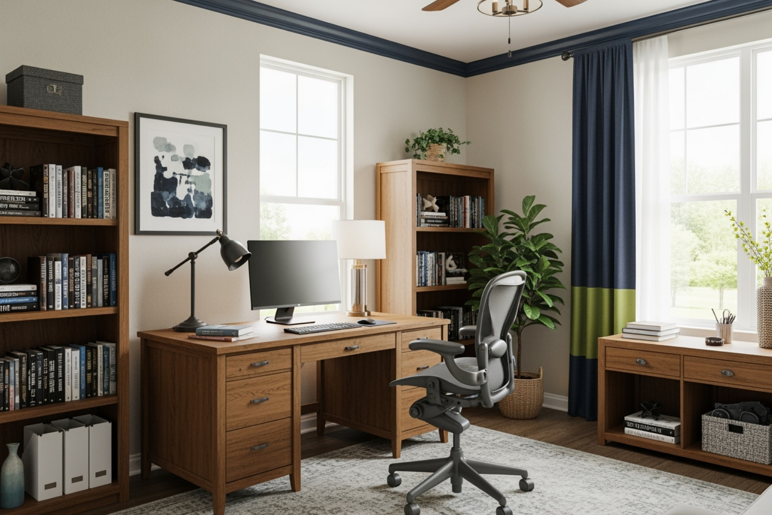 Comfortable, well-lit home office within a furnished rental apartment. - University housing solutions Comfortable, well-lit home office within a furnished rental apartment. - University housing solutions