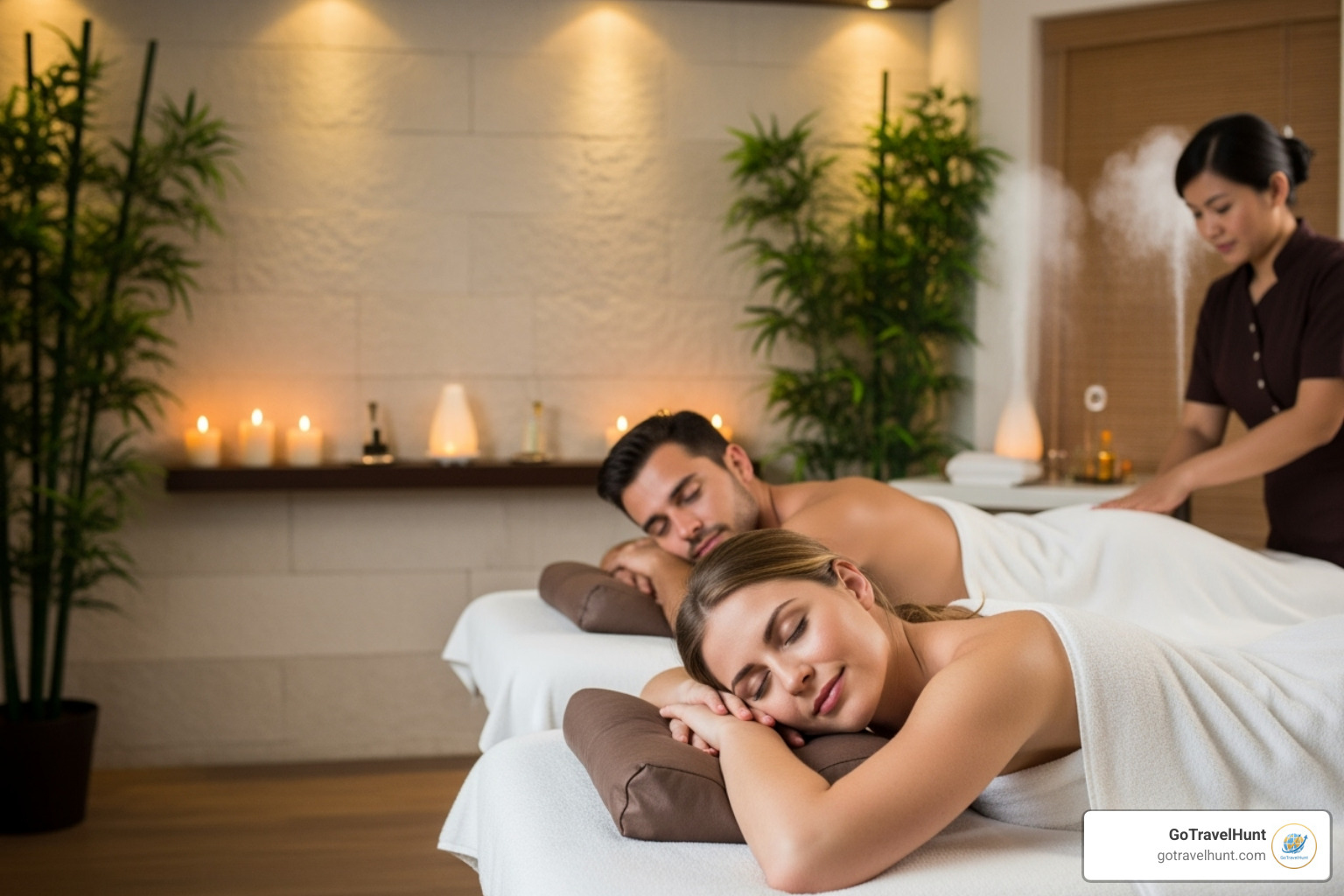 A couple receiving a spa treatment together, with serene expressions - couples retreat near me A couple receiving a spa treatment together, with serene expressions - couples retreat near me