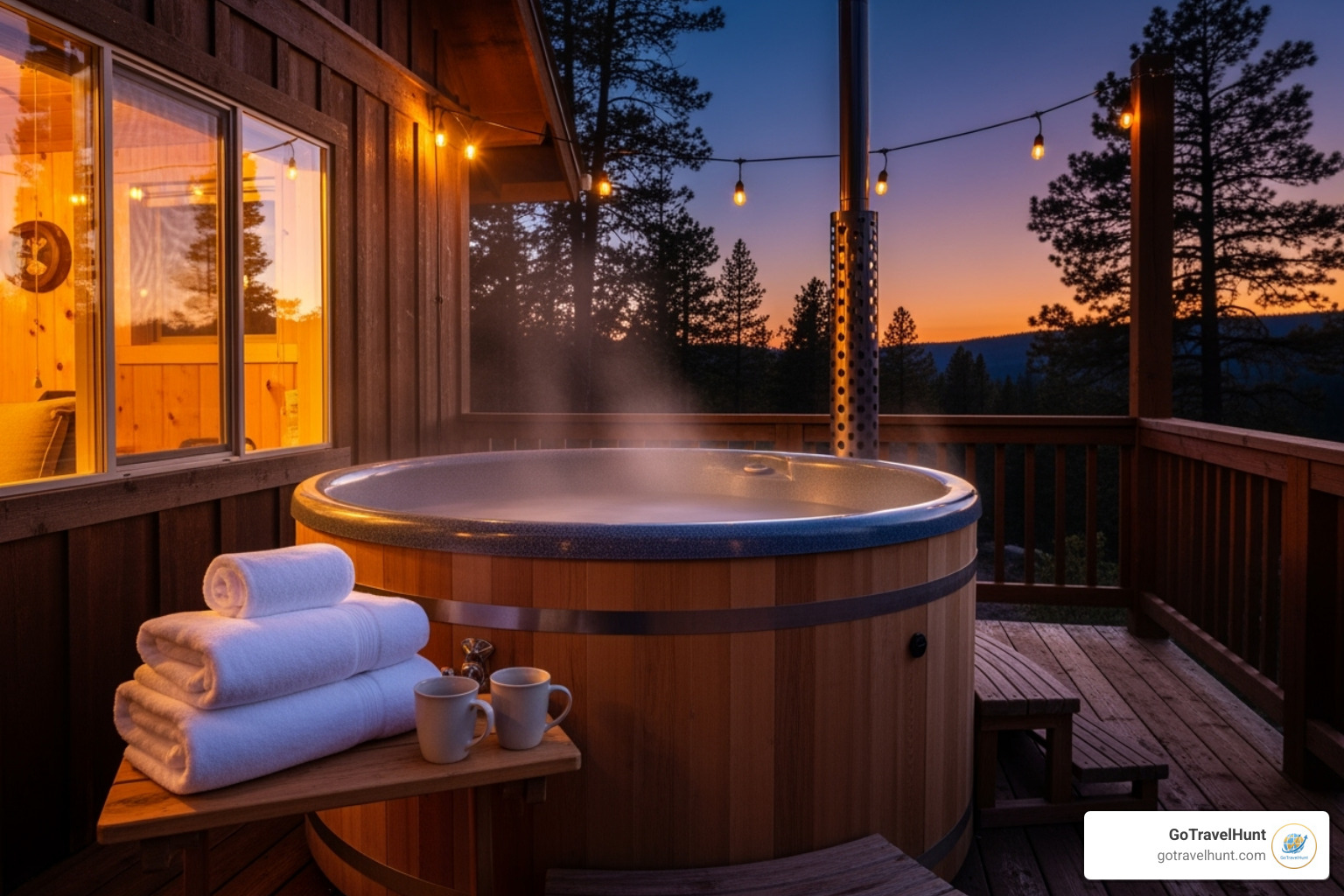 steaming outdoor hot tub on a cabin deck at dusk - romantic cabins near me steaming outdoor hot tub on a cabin deck at dusk - romantic cabins near me