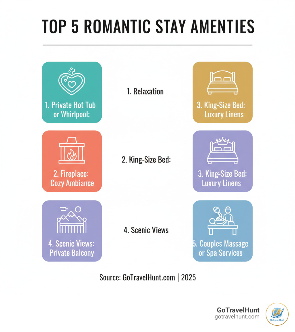 infographic showing the top 5 romantic stay amenities: 1. Private hot tub or whirlpool for relaxation 2. Fireplace for cozy ambiance 3. King-size bed with luxury linens 4. Scenic views from private balcony 5. Couples massage or spa services - romantic places to stay near me infographic infographic showing the top 5 romantic stay amenities: 1. Private hot tub or whirlpool for relaxation 2. Fireplace for cozy ambiance 3. King-size bed with luxury linens 4. Scenic views from private balcony 5. Couples massage or spa services - romantic places to stay near me infographic