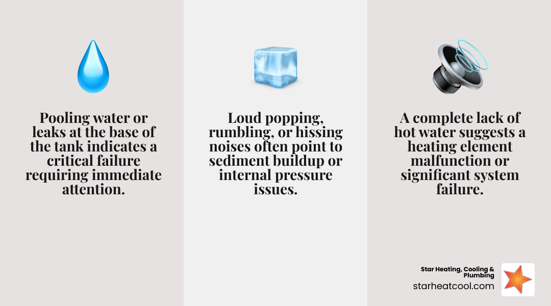 Infographic showing three main water heater emergency signs: pooling water or leaks at base of tank, no hot water coming from faucets, and loud popping or rumbling noises from the unit - emergency water heater repair in williams creek in infographic 3_facts_emoji_grey