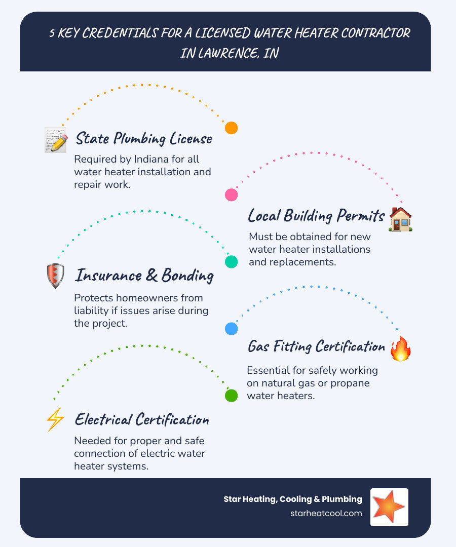 Infographic showing the five key credentials of a licensed water heater contractor in Lawrence, IN: State Plumbing License with Indiana seal, Local Building Permit document, Insurance and Bonding certificate, Gas Fitting Certification badge, and Electrical Certification symbol, arranged in a circular flow with checkmarks - licensed water heater contractor in lawrence in infographic infographic-line-5-steps-blues-accent_colors Infographic showing the five key credentials of a licensed water heater contractor in Lawrence, IN: State Plumbing License with Indiana seal, Local Building Permit document, Insurance and Bonding certificate, Gas Fitting Certification badge, and Electrical Certification symbol, arranged in a circular flow with checkmarks - licensed water heater contractor in lawrence in infographic infographic-line-5-steps-blues-accent_colors