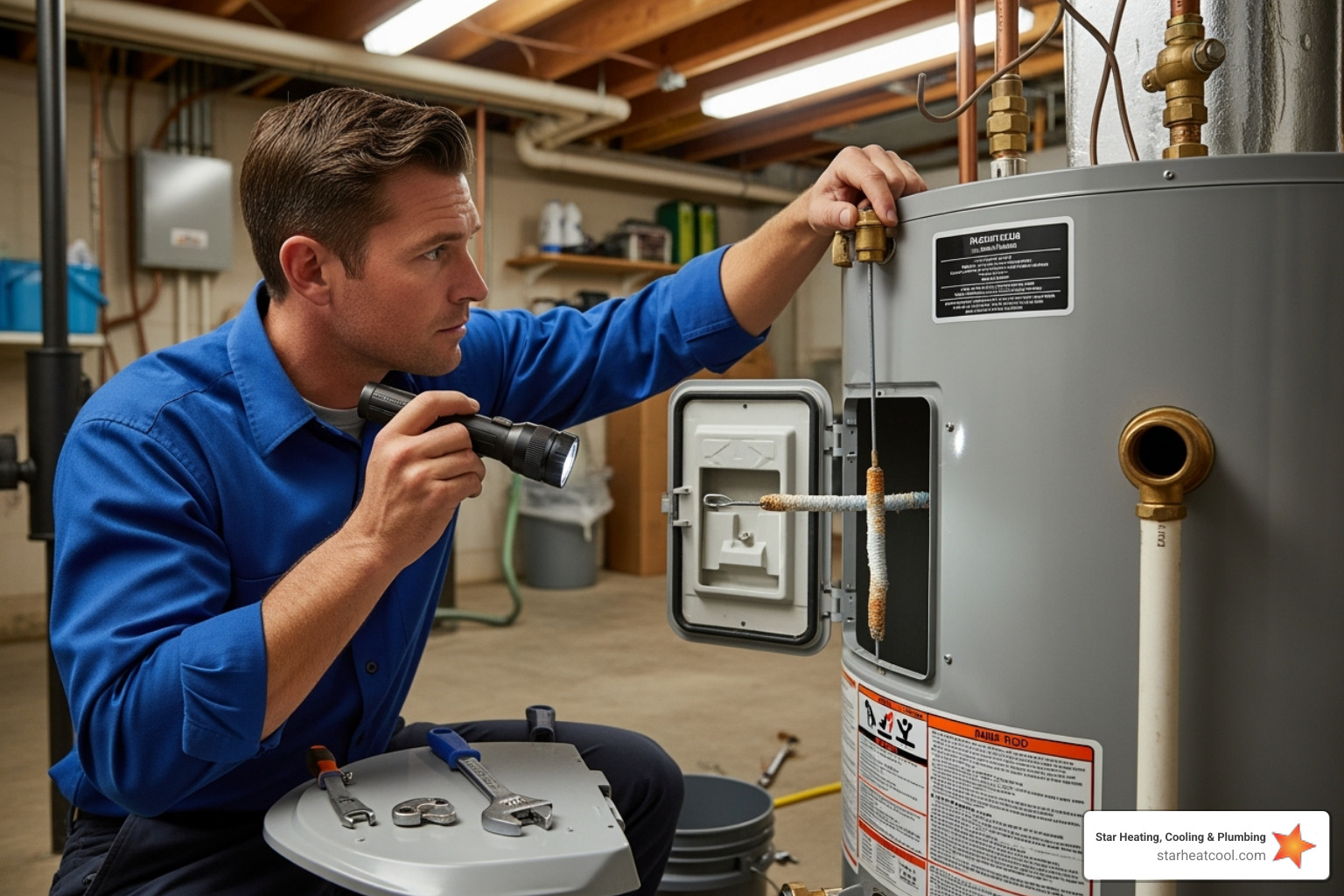 plumber inspecting a water heater's anode rod - emergency water heater repair in williams creek in