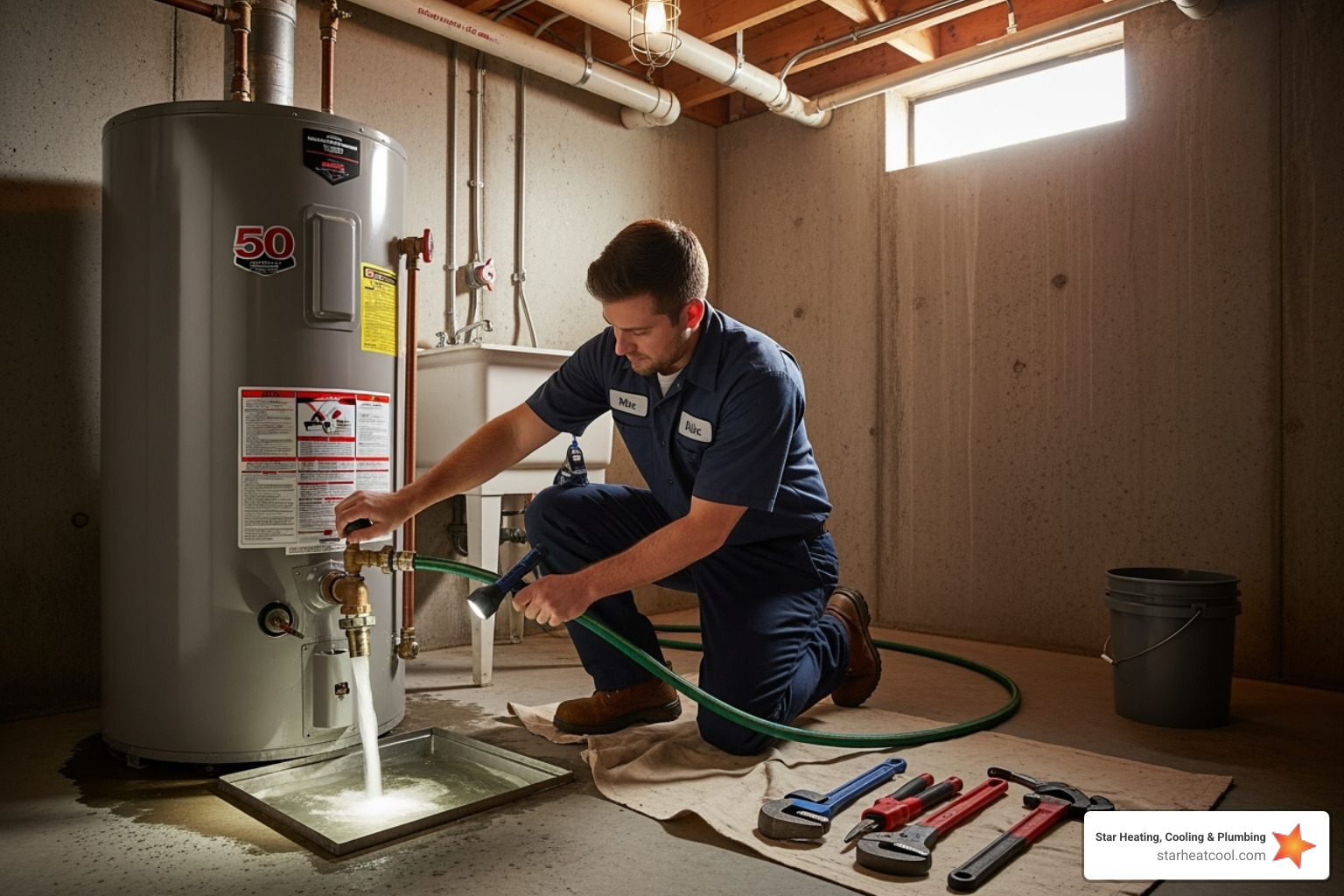 technician flushing a tank water heater - licensed water heater contractor in lawrence in technician flushing a tank water heater - licensed water heater contractor in lawrence in